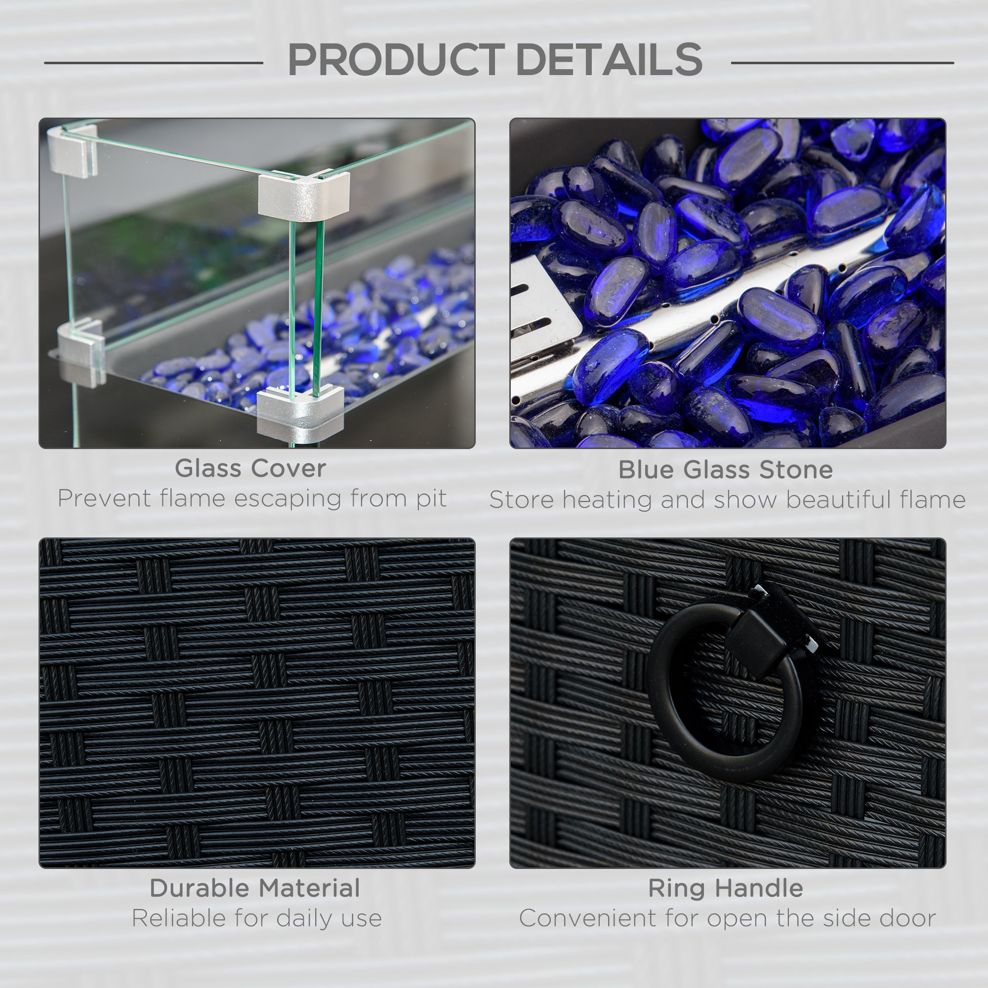 Outsunny Propane Fire Pit Table 43" Outdoor Square Fire Table, 50,000 BTU Pulse-Ignition Wicker Firepit Furniture with Glass Wind Guard, Blue Glass Rock, CSA Certification, Black