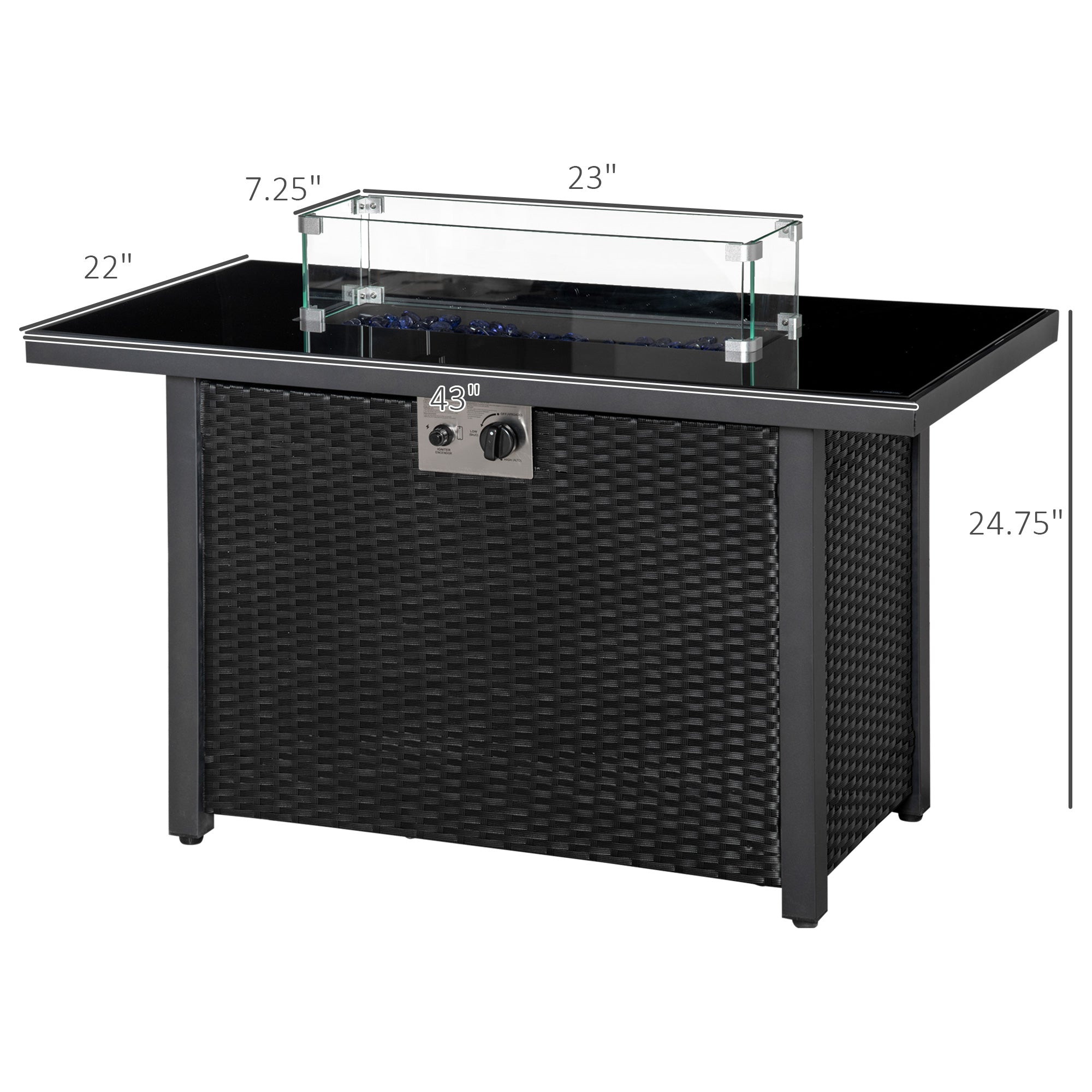Outsunny Propane Fire Pit Table 43" Outdoor Square Fire Table, 50,000 BTU Pulse-Ignition Wicker Firepit Furniture with Glass Wind Guard, Blue Glass Rock, CSA Certification, Black
