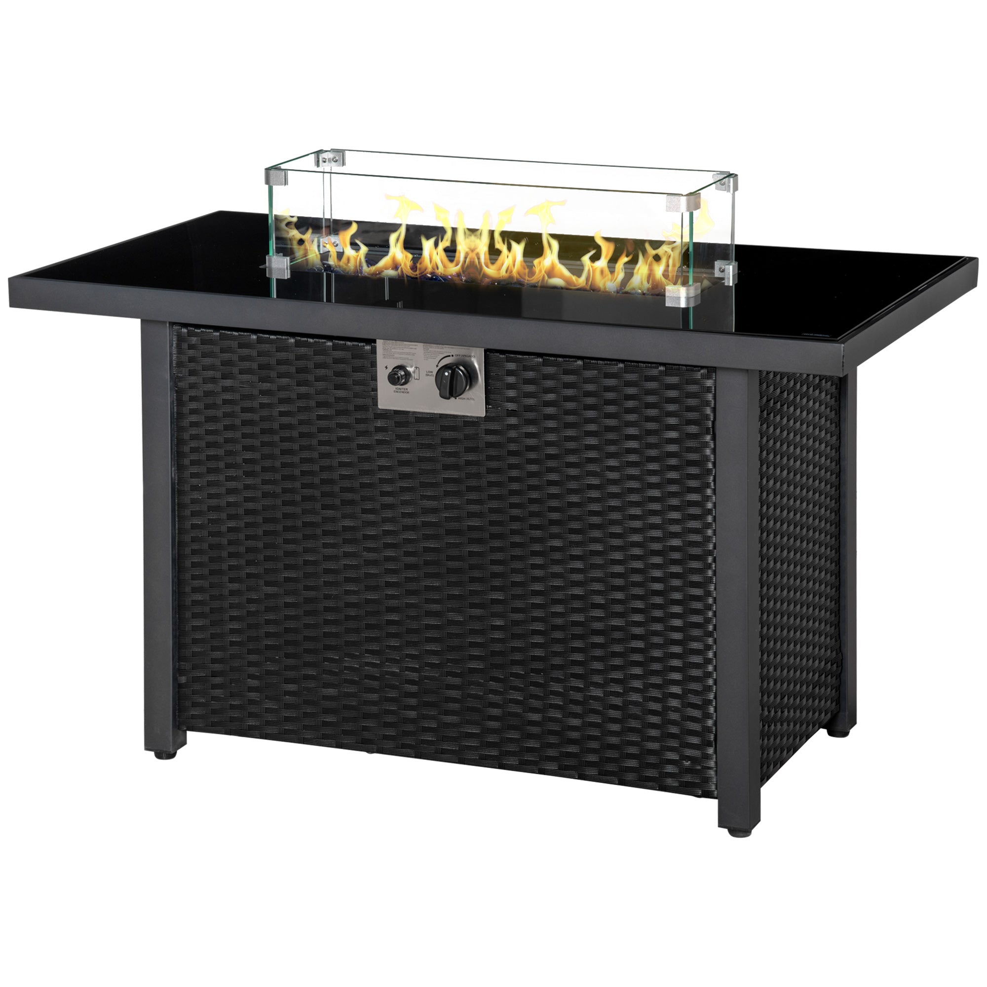Outsunny Propane Fire Pit Table 43" Outdoor Square Fire Table, 50,000 BTU Pulse-Ignition Wicker Firepit Furniture with Glass Wind Guard, Blue Glass Rock, CSA Certification, Black