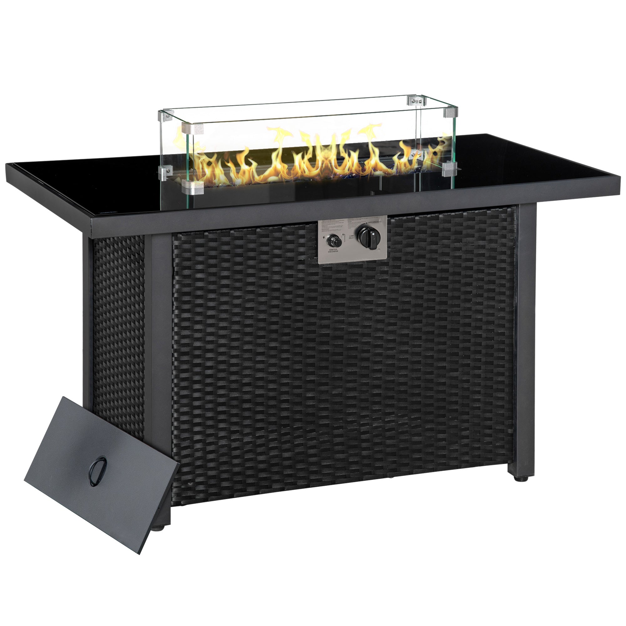 Outsunny Propane Fire Pit Table 43" Outdoor Square Fire Table, 50,000 BTU Pulse-Ignition Wicker Firepit Furniture with Glass Wind Guard, Blue Glass Rock, CSA Certification, Black