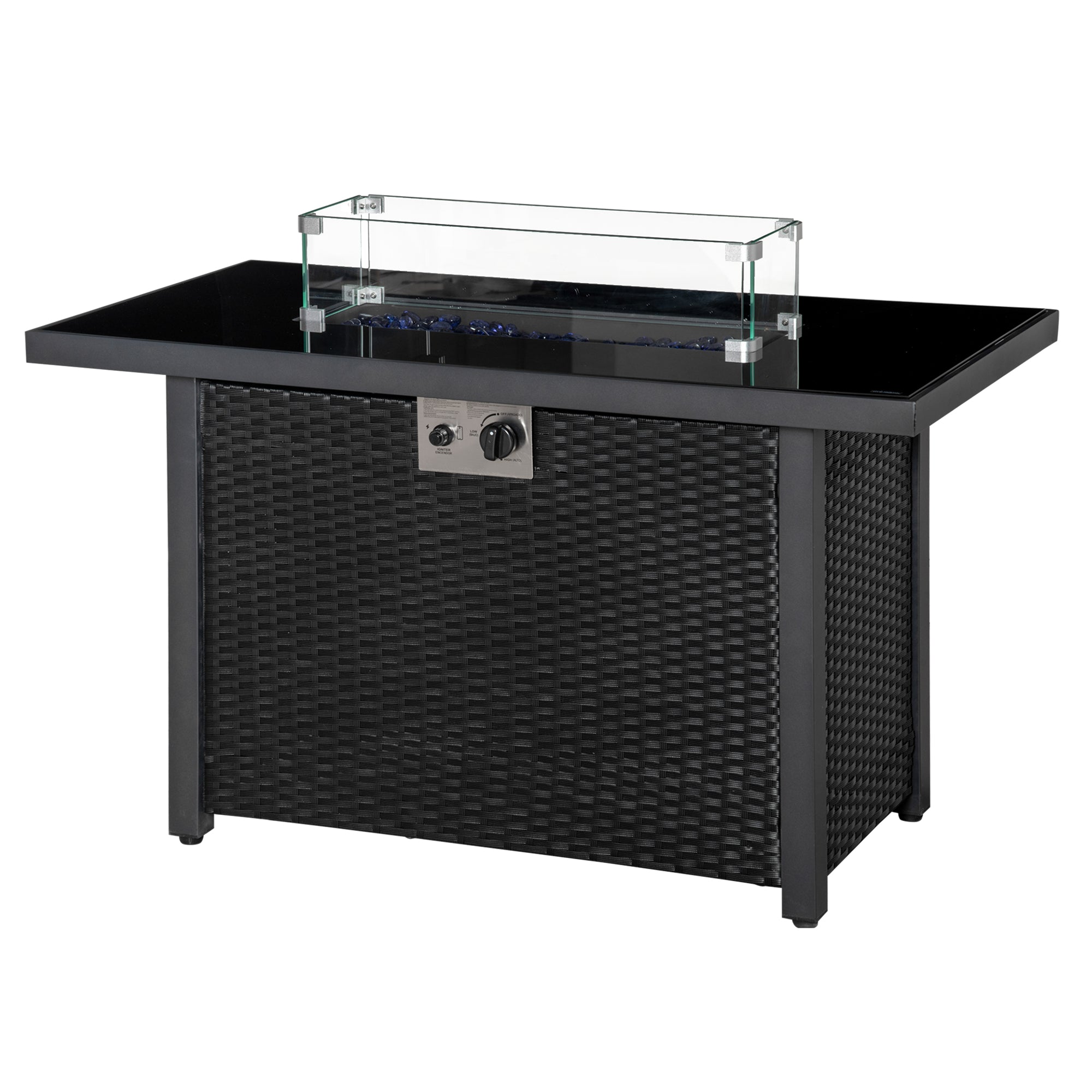 Outsunny Propane Fire Pit Table 43" Outdoor Square Fire Table, 50,000 BTU Pulse-Ignition Wicker Firepit Furniture with Glass Wind Guard, Blue Glass Rock, CSA Certification, Black