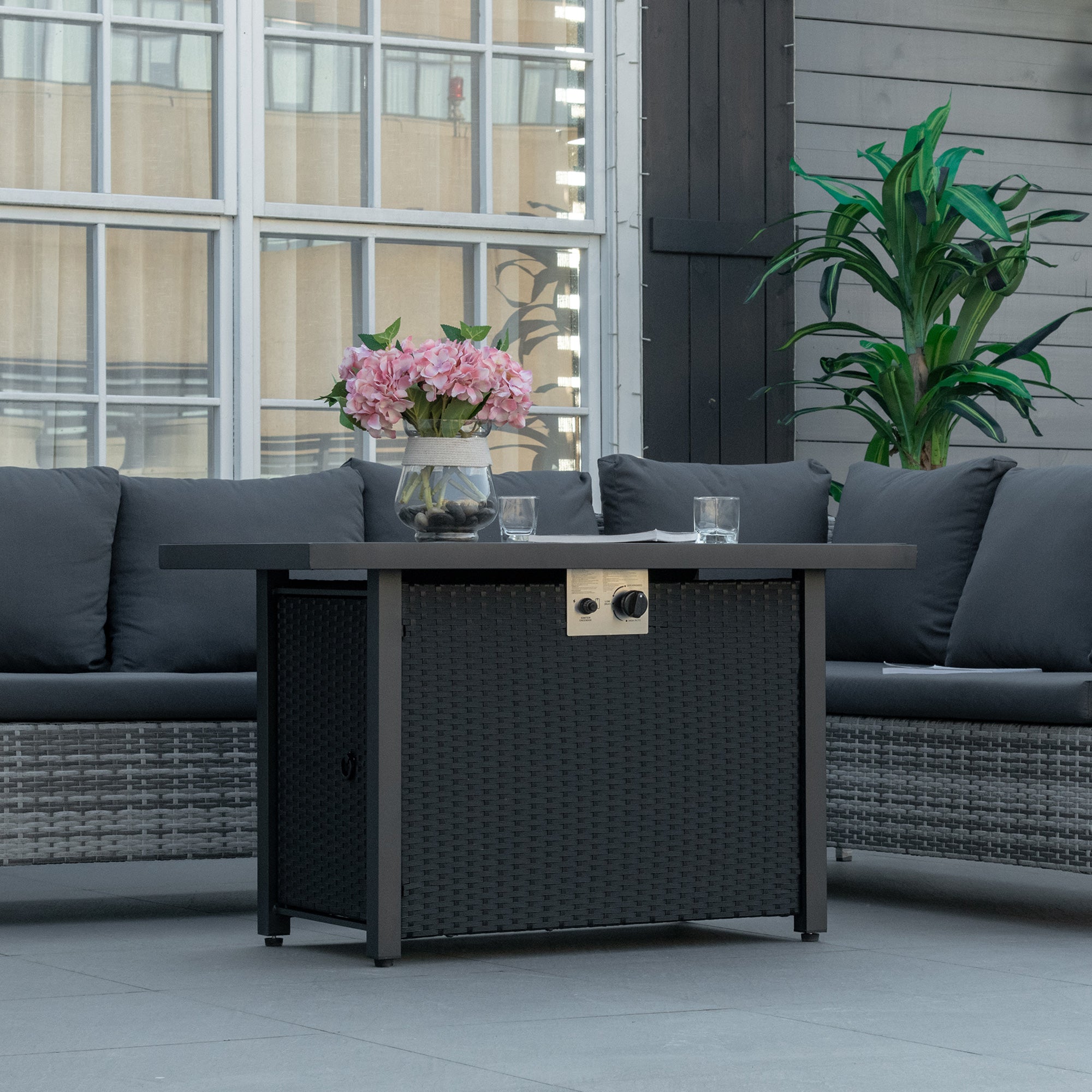 Outsunny Propane Fire Pit Table 43" Outdoor Square Fire Table, 50,000 BTU Pulse-Ignition Wicker Firepit Furniture with Glass Wind Guard, Blue Glass Rock, CSA Certification, Black