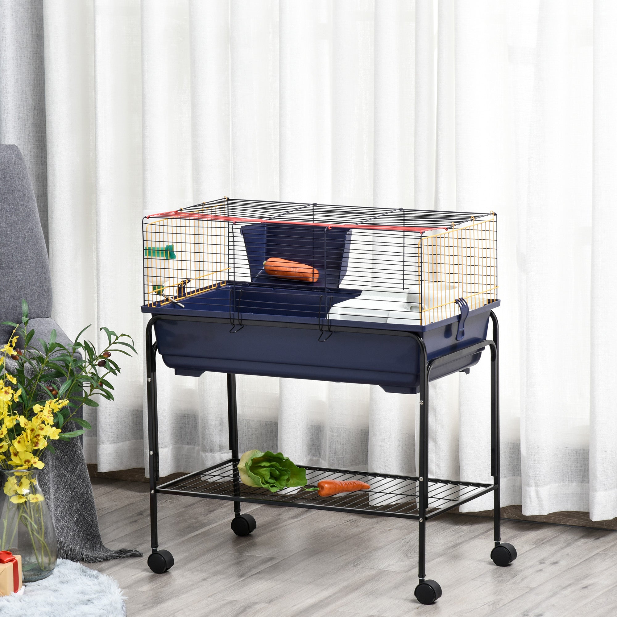 PawHut Small Animal Cage Deluxe Pet Habitat Rolling Rabbit Hutch for Bunny Guinea Pig Pet Mink Chinchilla with Detachable Stand Storage Shelf Accessories