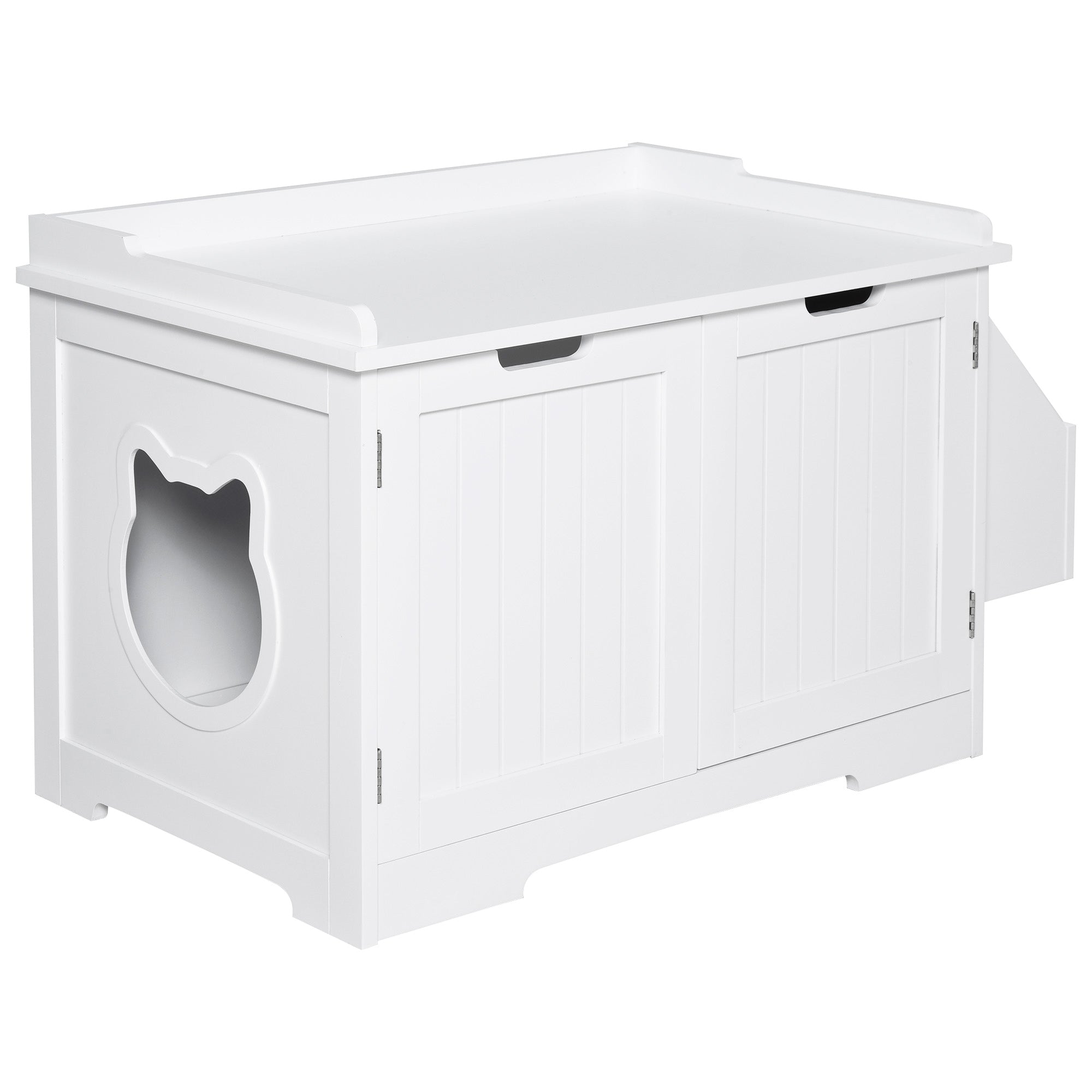 PawHut Wooden Cat Litter Box Enclosure, Hidden Cat Washroom, Kitten House with Nightstand End Table and Storage Rack Magnetic Doors, White