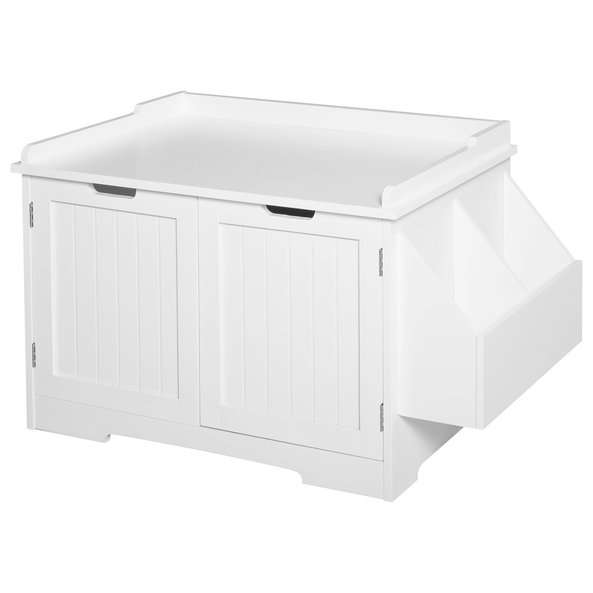 PawHut Wooden Cat Litter Box Enclosure, Hidden Cat Washroom, Kitten House with Nightstand End Table and Storage Rack Magnetic Doors, White