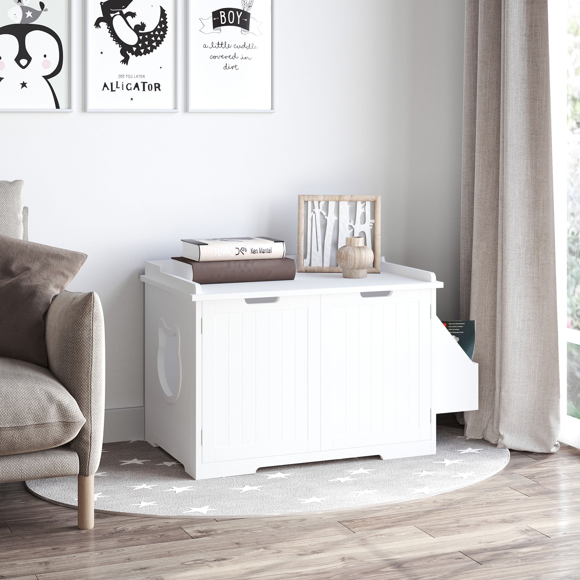 PawHut Wooden Cat Litter Box Enclosure, Hidden Cat Washroom, Kitten House with Nightstand End Table and Storage Rack Magnetic Doors, White