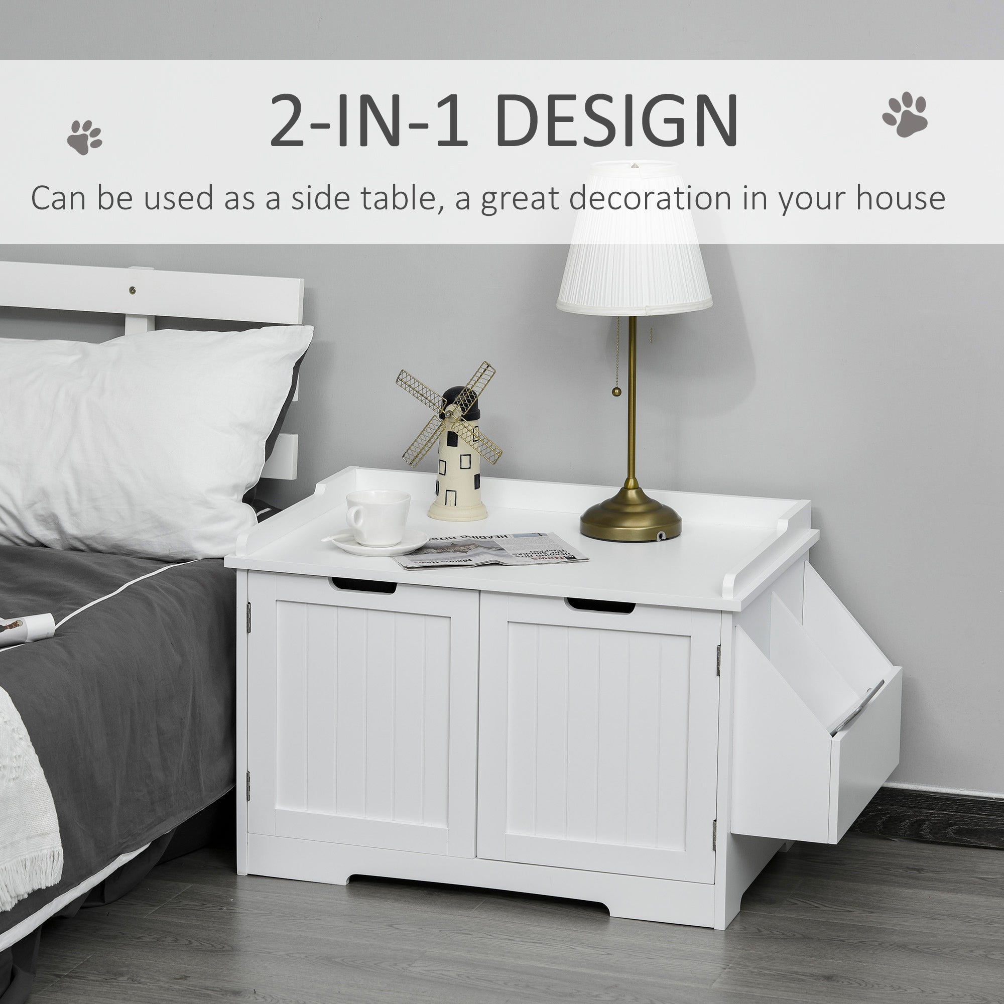 PawHut Wooden Cat Litter Box Enclosure, Hidden Cat Washroom, Kitten House with Nightstand End Table and Storage Rack Magnetic Doors, White