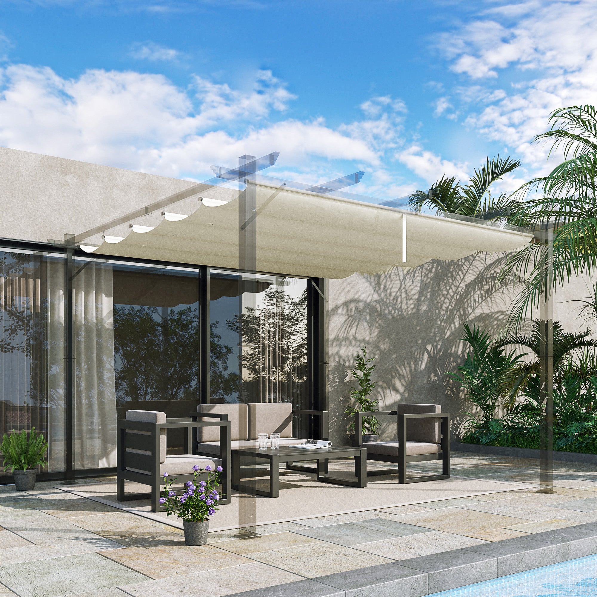 Outsunny Retractable Replacement Pergola Canopy for 10' x 10' Pergola, Pergola Cover Replacement, Cream White