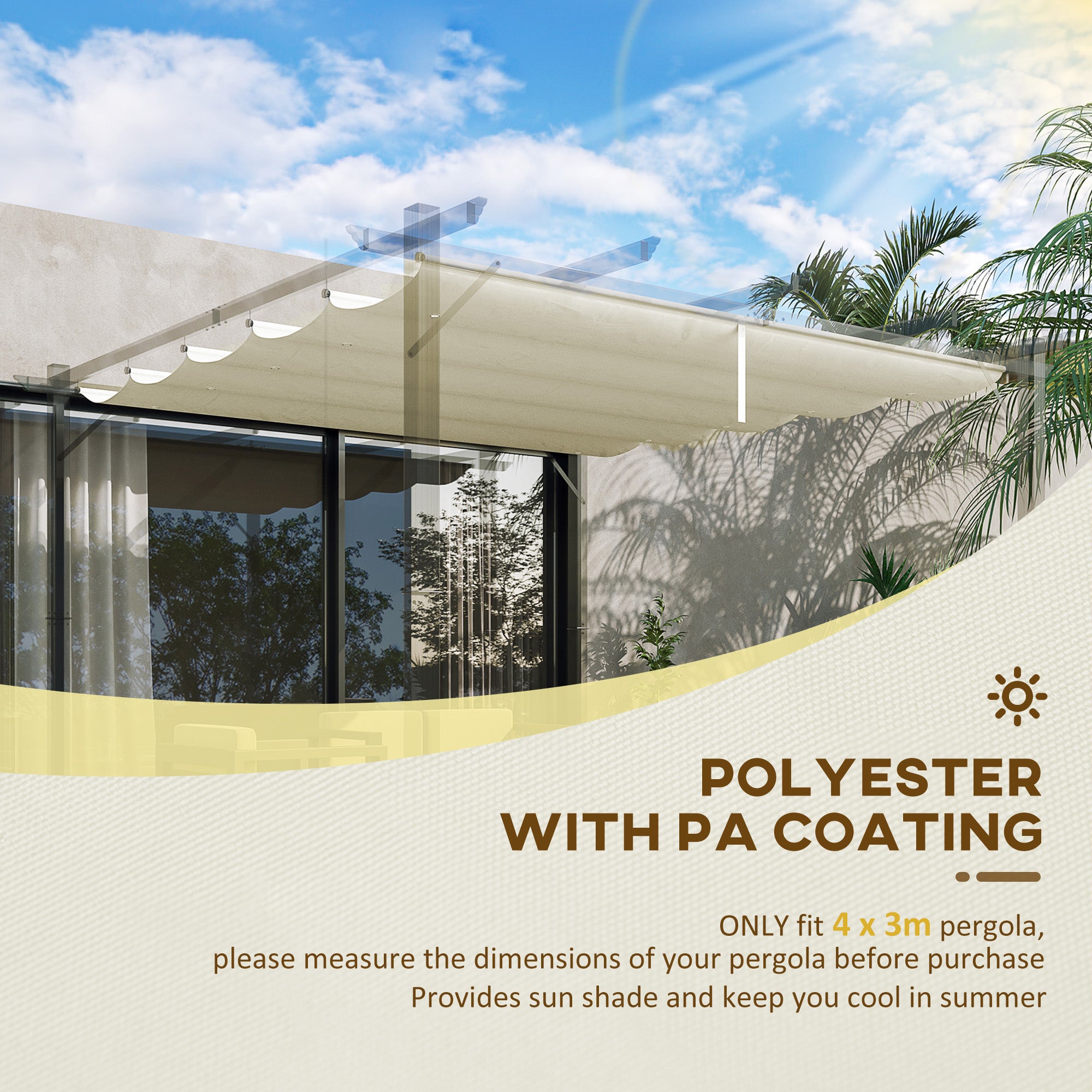 Outsunny Retractable Replacement Pergola Canopy for 10' x 10' Pergola, Pergola Cover Replacement, Cream White