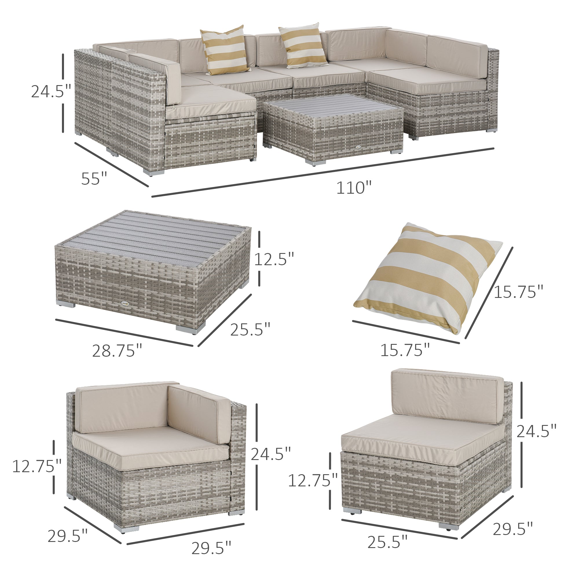 Outsunny 7-Piece Patio Furniture Set, Outdoor Wicker Conversation Set, All Weather PE Rattan Sectional Sofa Set with Cushions and Faux Wood Table, Stripe Pillows, Beige