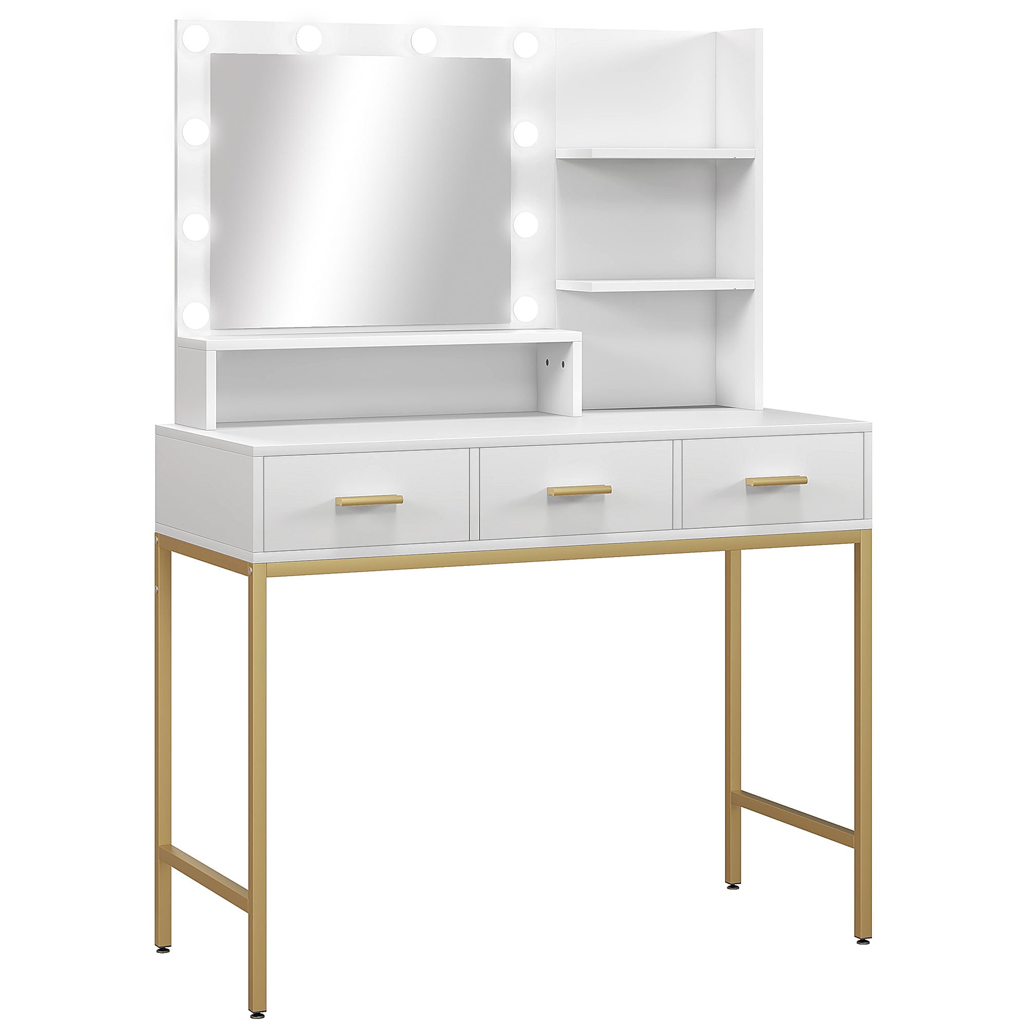 HOMCOM Vanity Table with Illuminated LED Mirror, Makeup Desk with 3 Drawers, Bedroom Dressing Table with Storage Shelves (White)