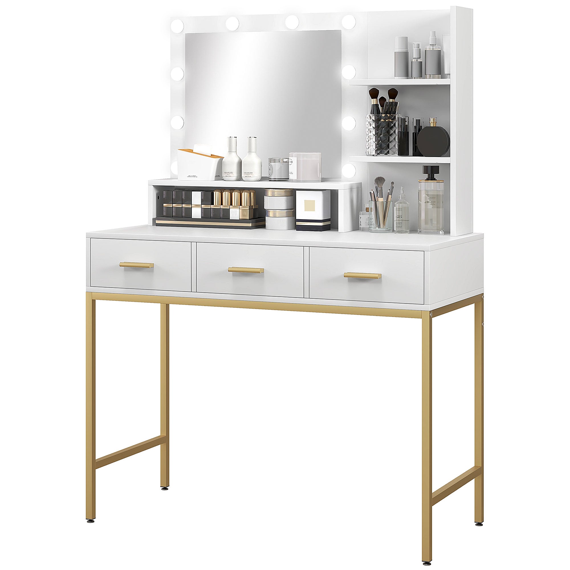 HOMCOM Vanity Table with Illuminated LED Mirror, Makeup Desk with 3 Drawers, Bedroom Dressing Table with Storage Shelves (White)