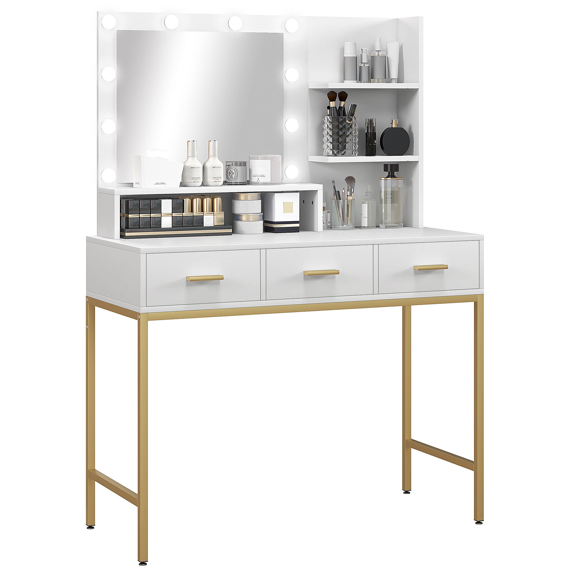 HOMCOM Vanity Table with Illuminated LED Mirror, Makeup Desk with 3 Drawers, Bedroom Dressing Table with Storage Shelves (White)