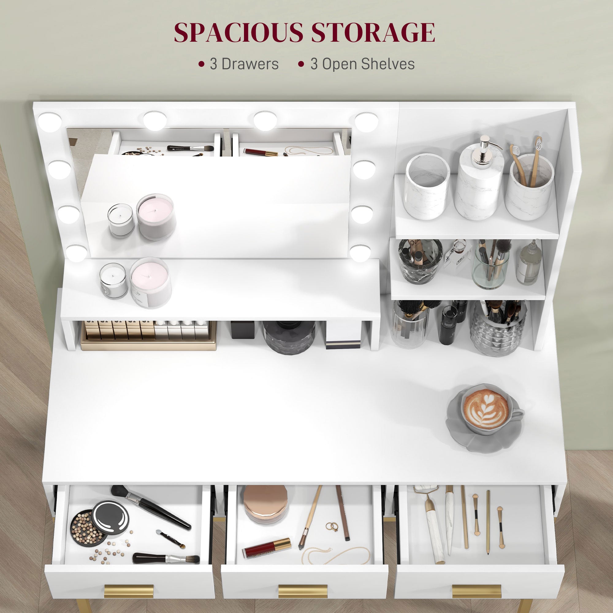 HOMCOM Vanity Table with Illuminated LED Mirror, Makeup Desk with 3 Drawers, Bedroom Dressing Table with Storage Shelves (White)