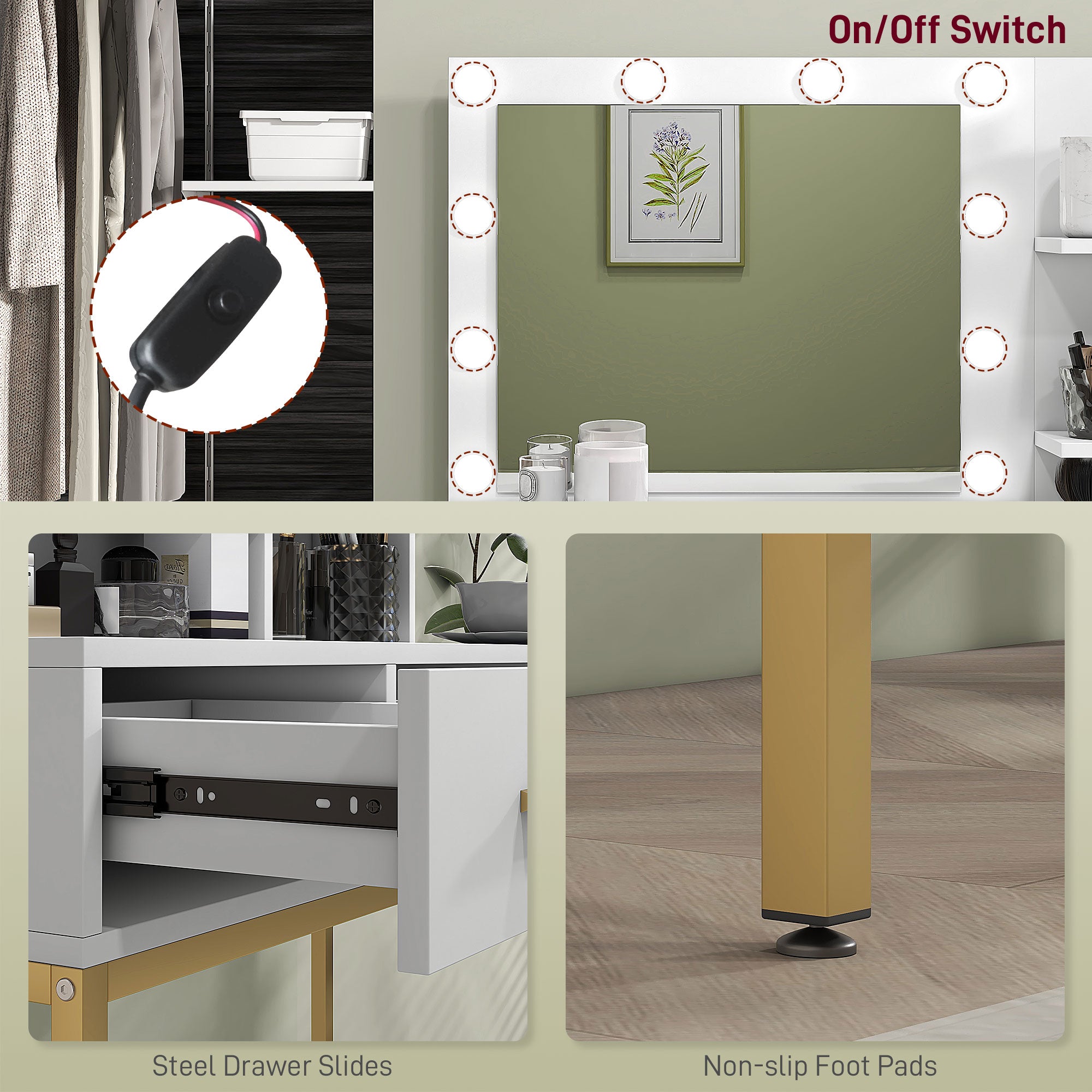 HOMCOM Vanity Table with Illuminated LED Mirror, Makeup Desk with 3 Drawers, Bedroom Dressing Table with Storage Shelves (White)