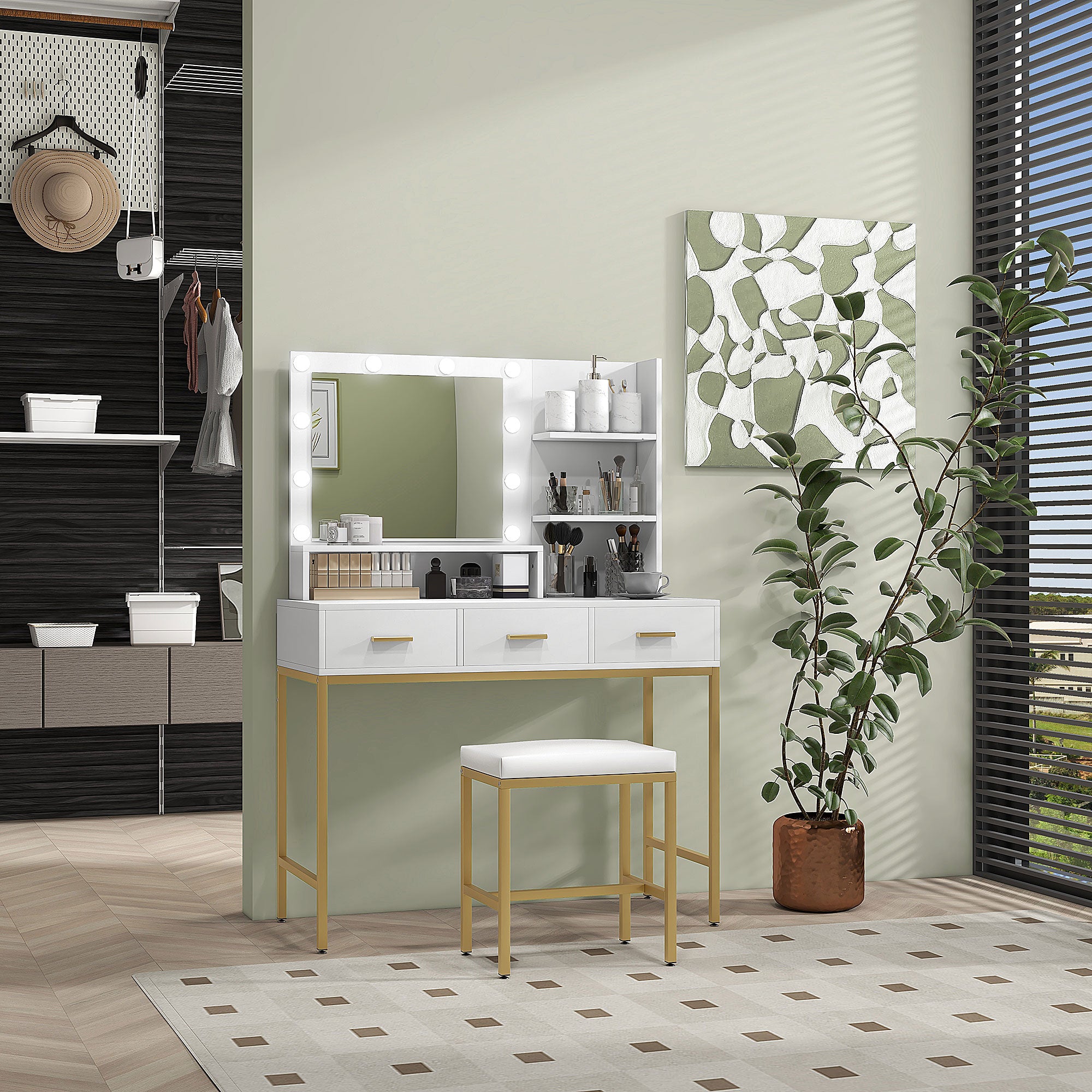 HOMCOM Vanity Table with Illuminated LED Mirror, Makeup Desk with 3 Drawers, Bedroom Dressing Table with Storage Shelves (White)