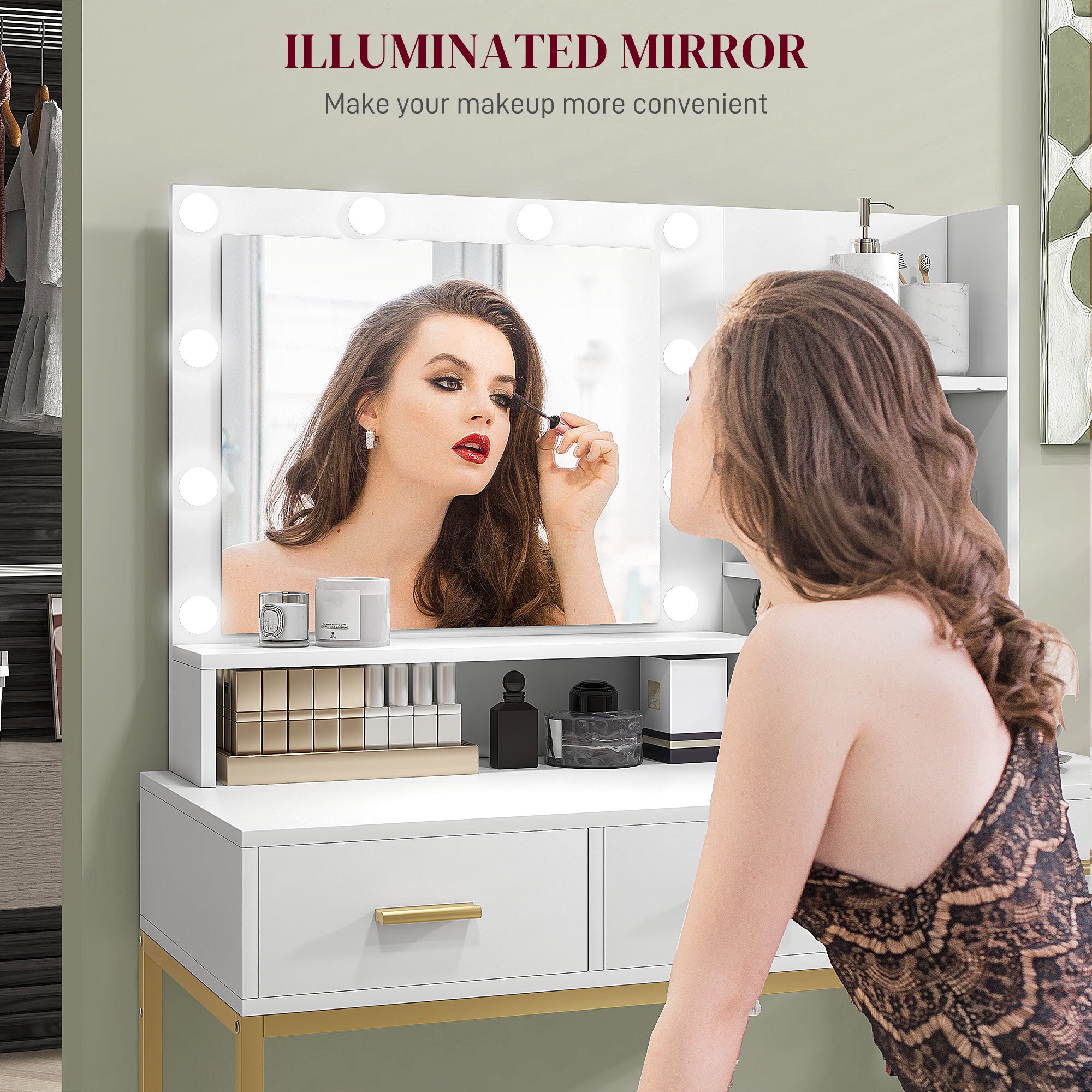 HOMCOM Vanity Table with Illuminated LED Mirror, Makeup Desk with 3 Drawers, Bedroom Dressing Table with Storage Shelves (White)