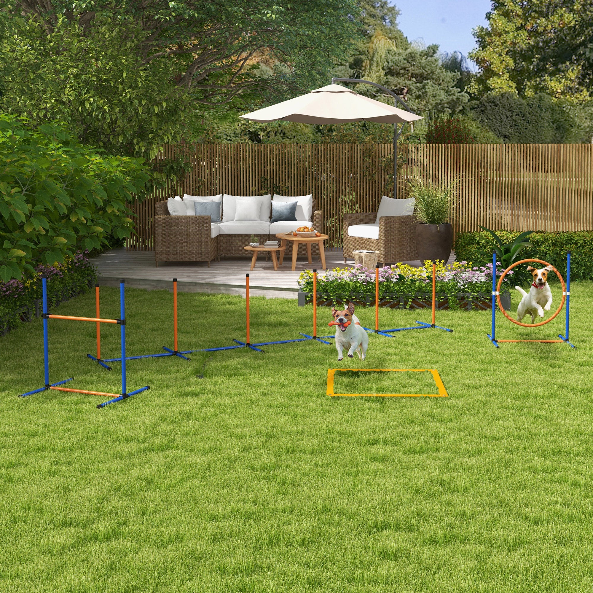 PawHut Dog Agility Training Equipment, Dog Outdoor Games with Weave Poles, Jump Ring, Pause Box, Adjustable Hurdle, Pet Obstacle Course Training Set with Carry Bag, Orange
