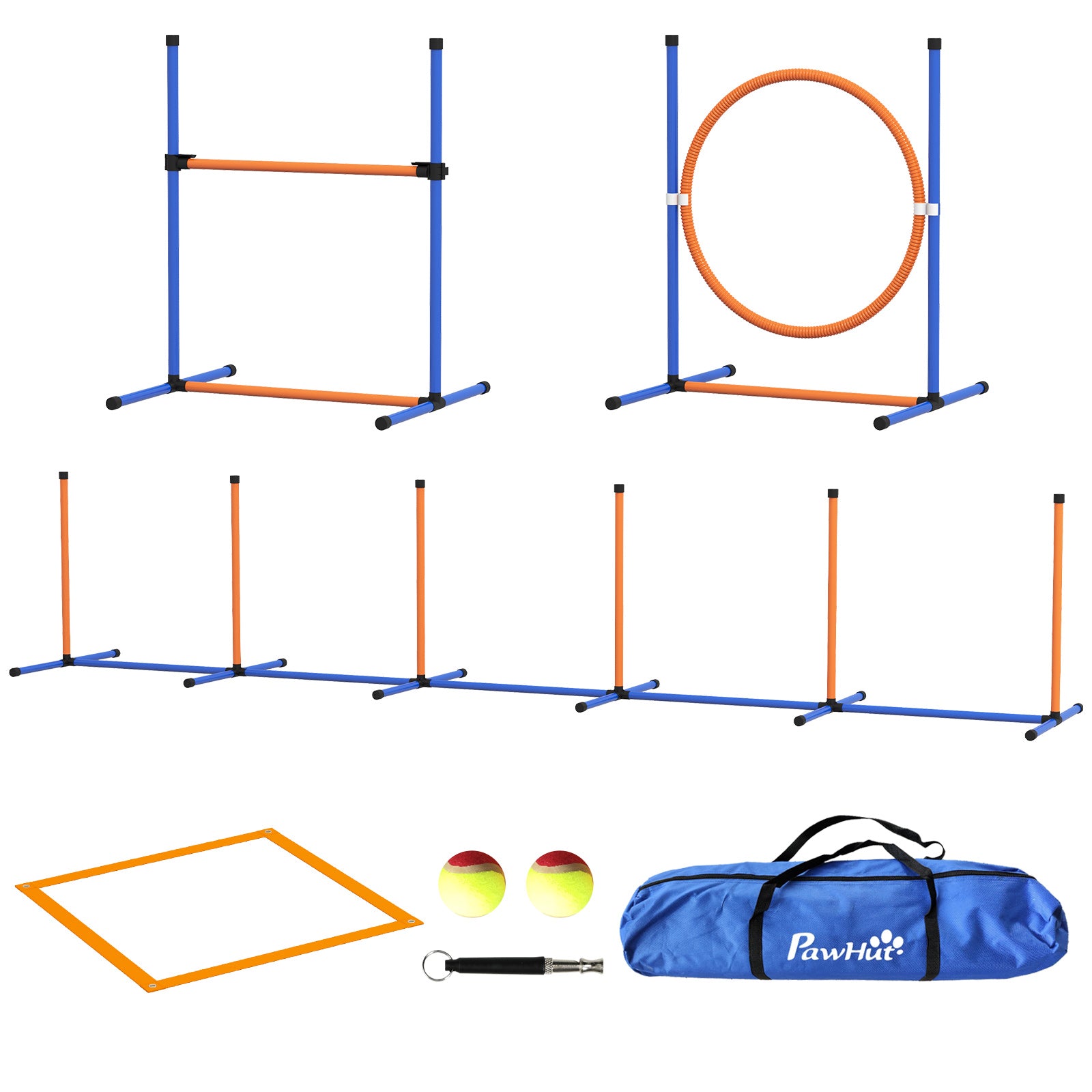 PawHut 4 Pieces Dog Agility Training Equipment Dog Obstacle Course, Pet Outdoor Games with Weave Poles, Adjustable Hurdle, Jump Ring, Pause Box, Whistle, Balls, Carry Bag, Orange