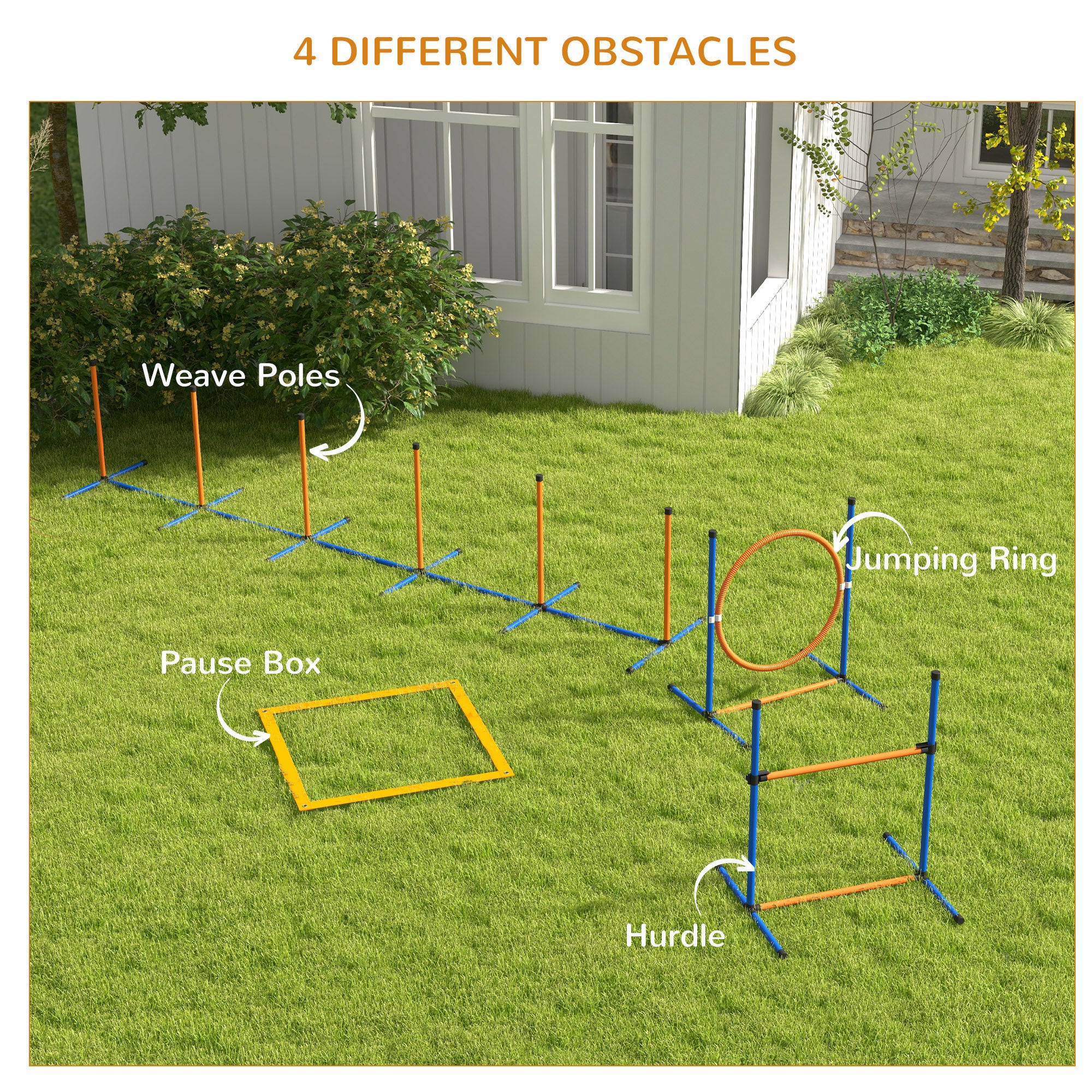 PawHut Dog Agility Training Equipment, Dog Outdoor Games with Weave Poles, Jump Ring, Pause Box, Adjustable Hurdle, Pet Obstacle Course Training Set with Carry Bag, Orange