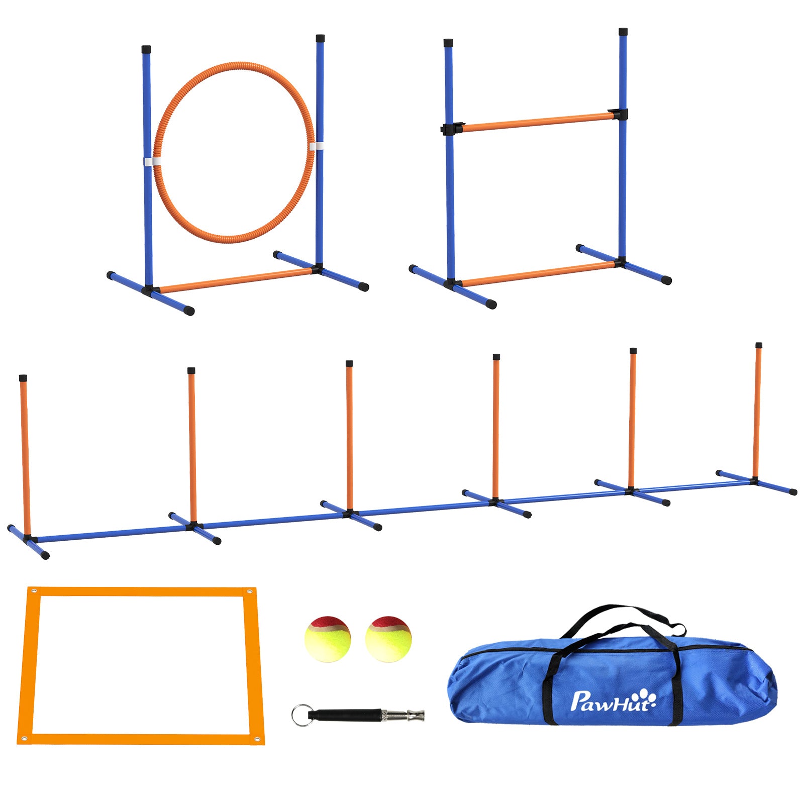 PawHut 4 Pieces Dog Agility Training Equipment Dog Obstacle Course, Pet Outdoor Games with Weave Poles, Adjustable Hurdle, Jump Ring, Pause Box, Whistle, Balls, Carry Bag, Orange