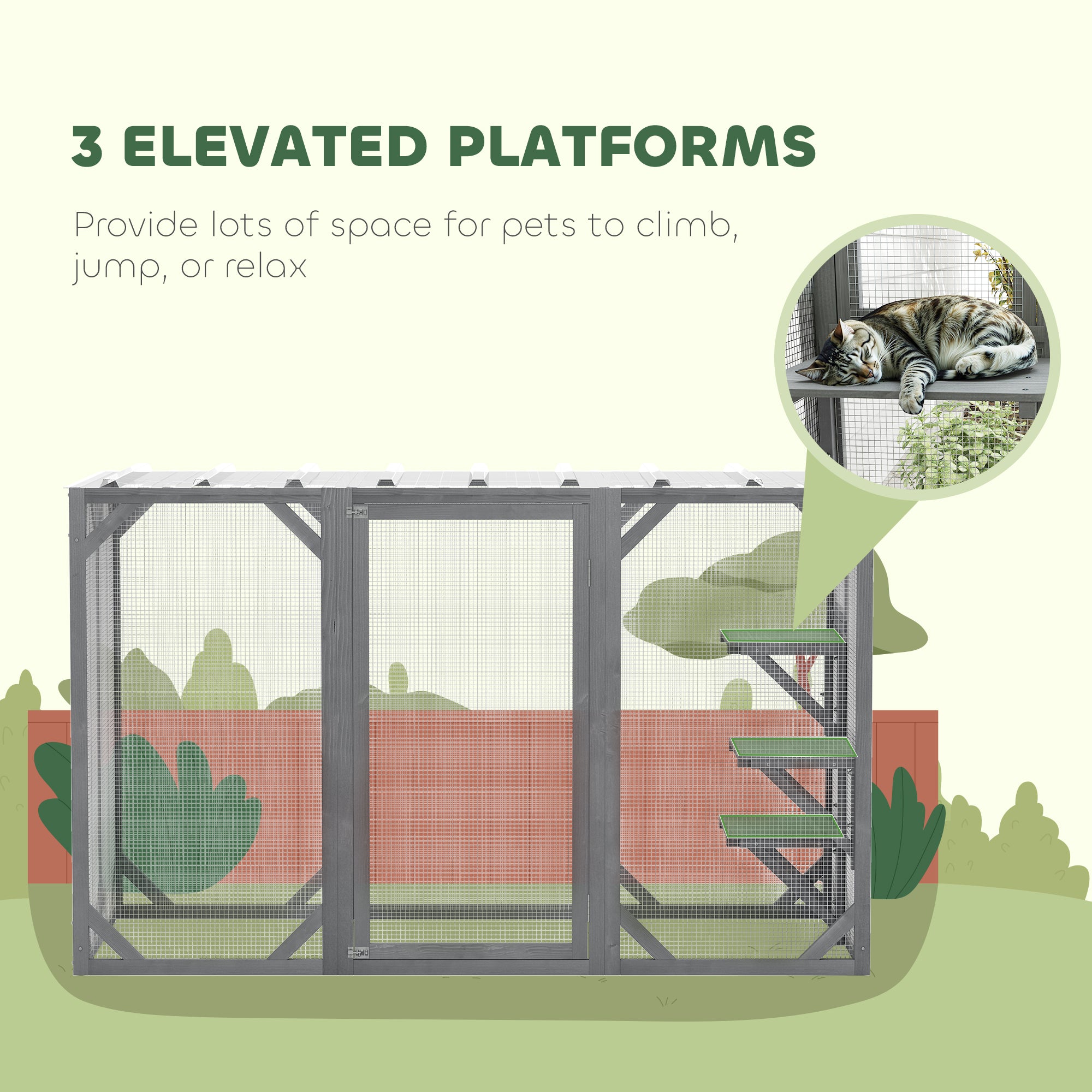 PawHut Wooden Cat House, 71" Catio Outdoor Cat Enclosure with 3 Platforms, Large Door and Weatherproof Roof, for Multiple Cats, Grey