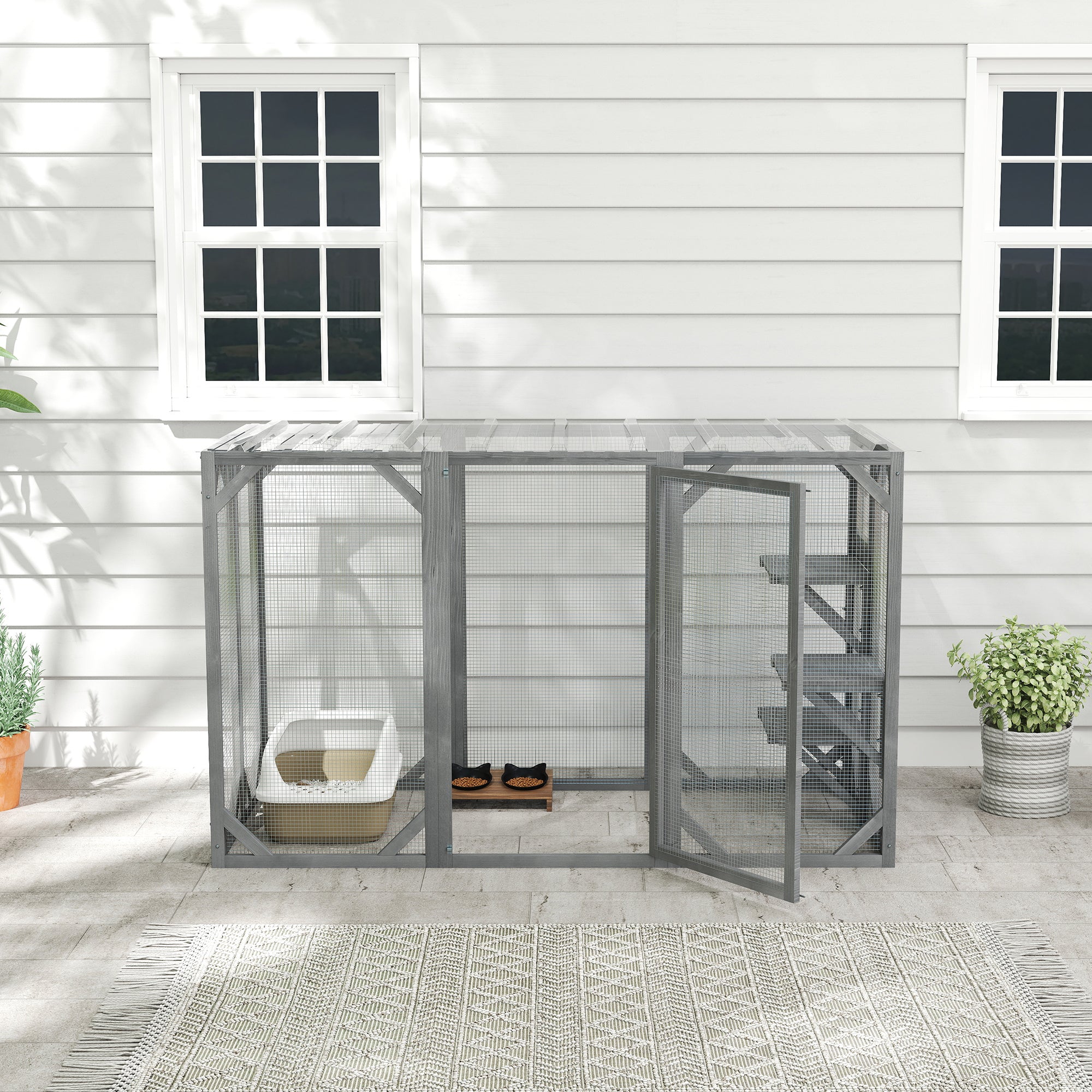PawHut Wooden Cat House, 71" Catio Outdoor Cat Enclosure with 3 Platforms, Large Door and Weatherproof Roof, for Multiple Cats, Grey