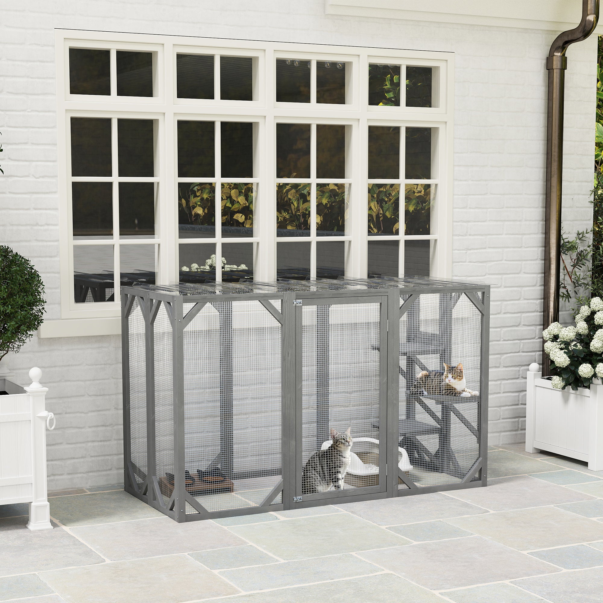 PawHut Wooden Cat House, 71" Catio Outdoor Cat Enclosure with 3 Platforms, Large Door and Weatherproof Roof, for Multiple Cats, Grey
