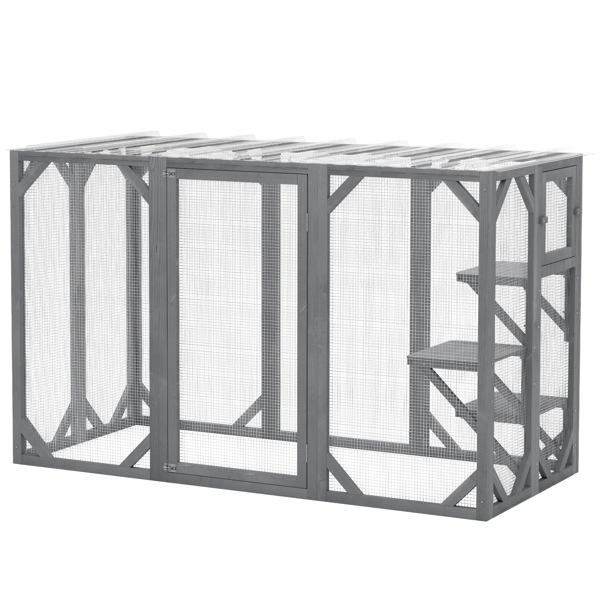 PawHut Wooden Cat House, 71" Catio Outdoor Cat Enclosure with 3 Platforms, Large Door and Weatherproof Roof, for Multiple Cats, Grey