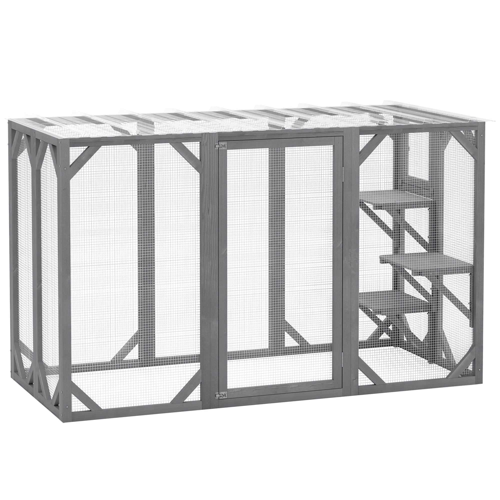 PawHut Wooden Cat House, 71" Catio Outdoor Cat Enclosure with 3 Platforms, Large Door and Weatherproof Roof, for Multiple Cats, Grey