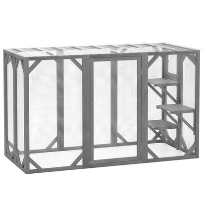 PawHut Wooden Cat House, 71" Catio Outdoor Cat Enclosure with 3 Platforms, Large Door and Weatherproof Roof, for Multiple Cats, Grey