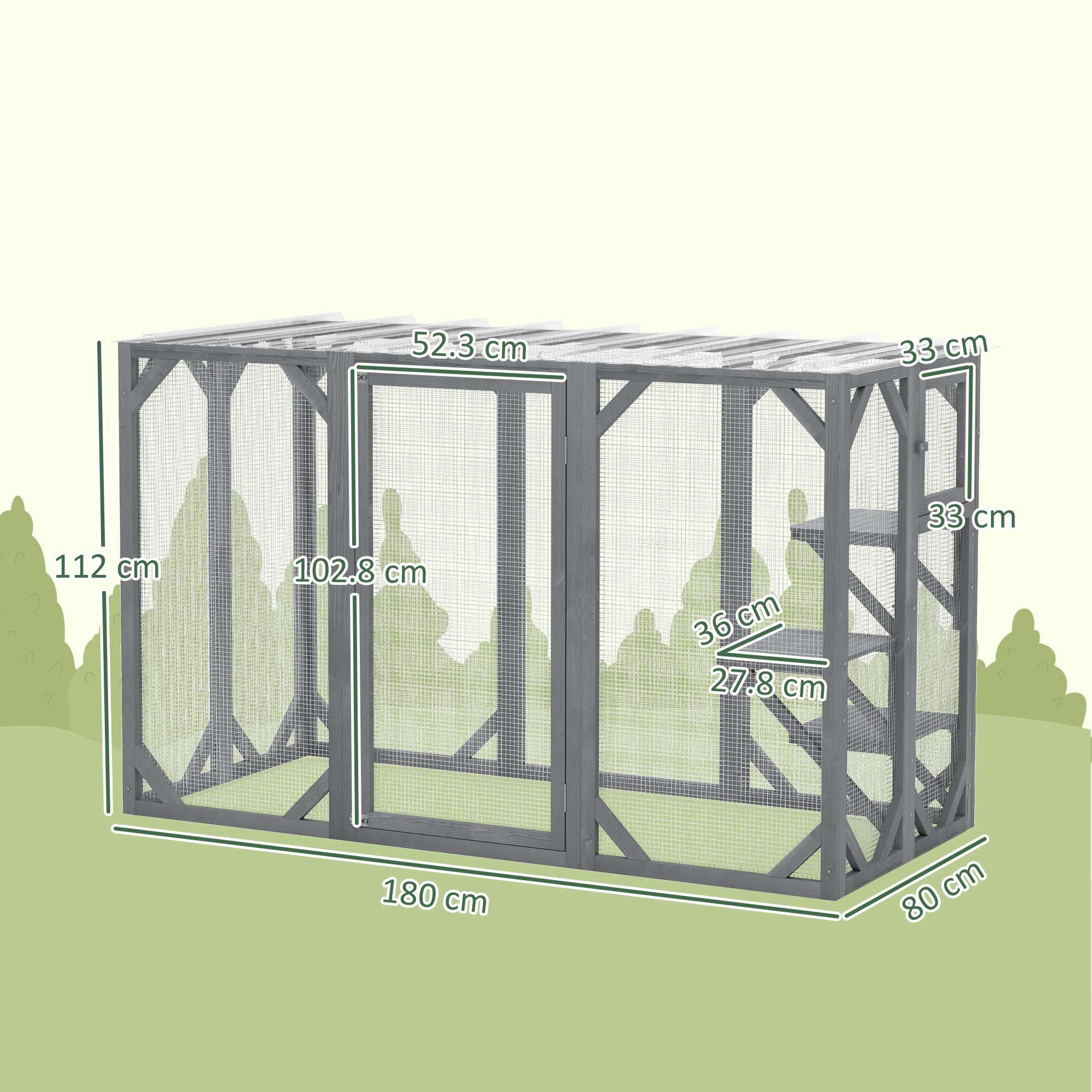 PawHut Wooden Cat House, 71" Catio Outdoor Cat Enclosure with 3 Platforms, Large Door and Weatherproof Roof, for Multiple Cats, Grey