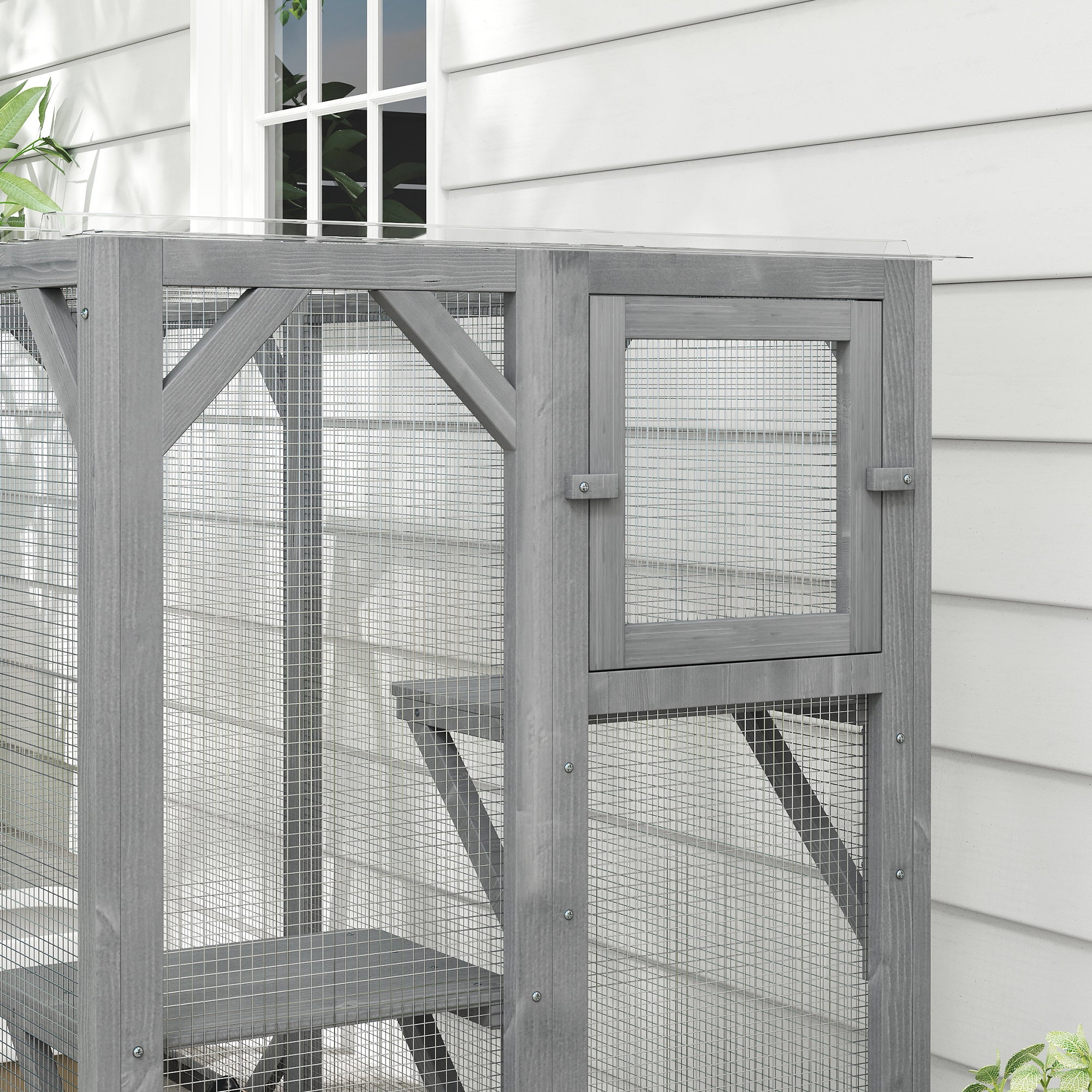PawHut Wooden Cat House, 71" Catio Outdoor Cat Enclosure with 3 Platforms, Large Door and Weatherproof Roof, for Multiple Cats, Grey