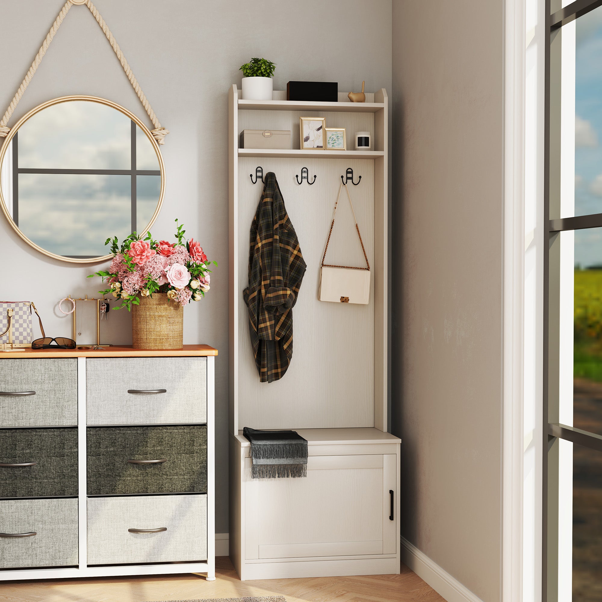 HOMCOM Coat Rack with Shoe Storage Bench, Rustic 3-in-1 Hall Tree with 2-tier Entryway Bench, Shelves and Hanging Hooks for Hallway, Mudroom, White Wood Grain