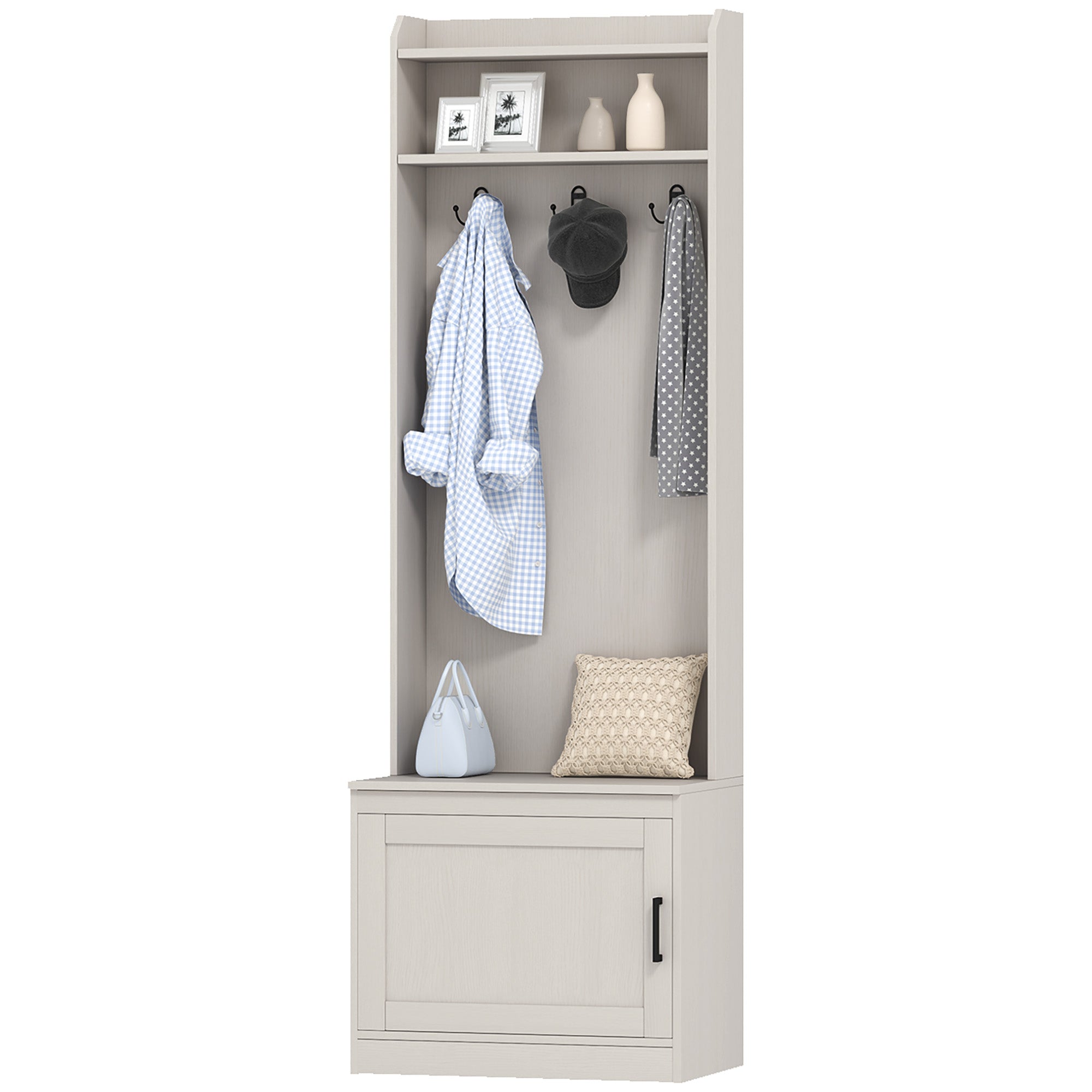 HOMCOM Coat Rack with Shoe Storage Bench, Rustic 3-in-1 Hall Tree with 2-tier Entryway Bench, Shelves and Hanging Hooks for Hallway, Mudroom, White Wood Grain