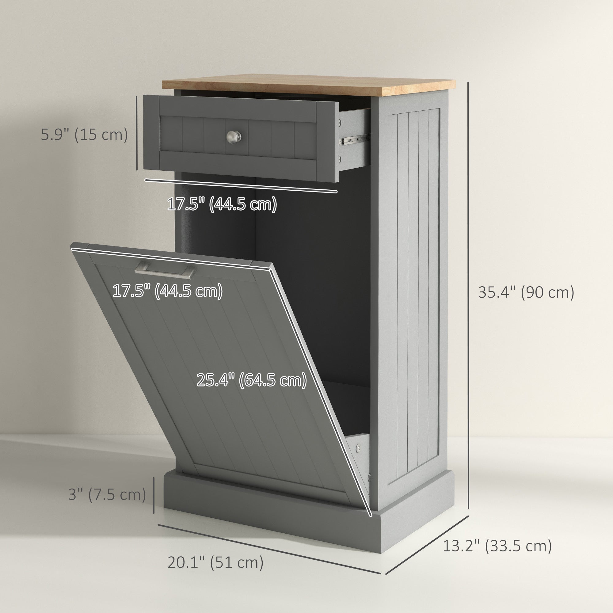 HOMCOM Tilt Out Trash Cabinet, Hidden Garbage Bin Cabinet with Drawer and Solid Wood Countertop, Free Standing Kitchen Trash Can Holder, Grey