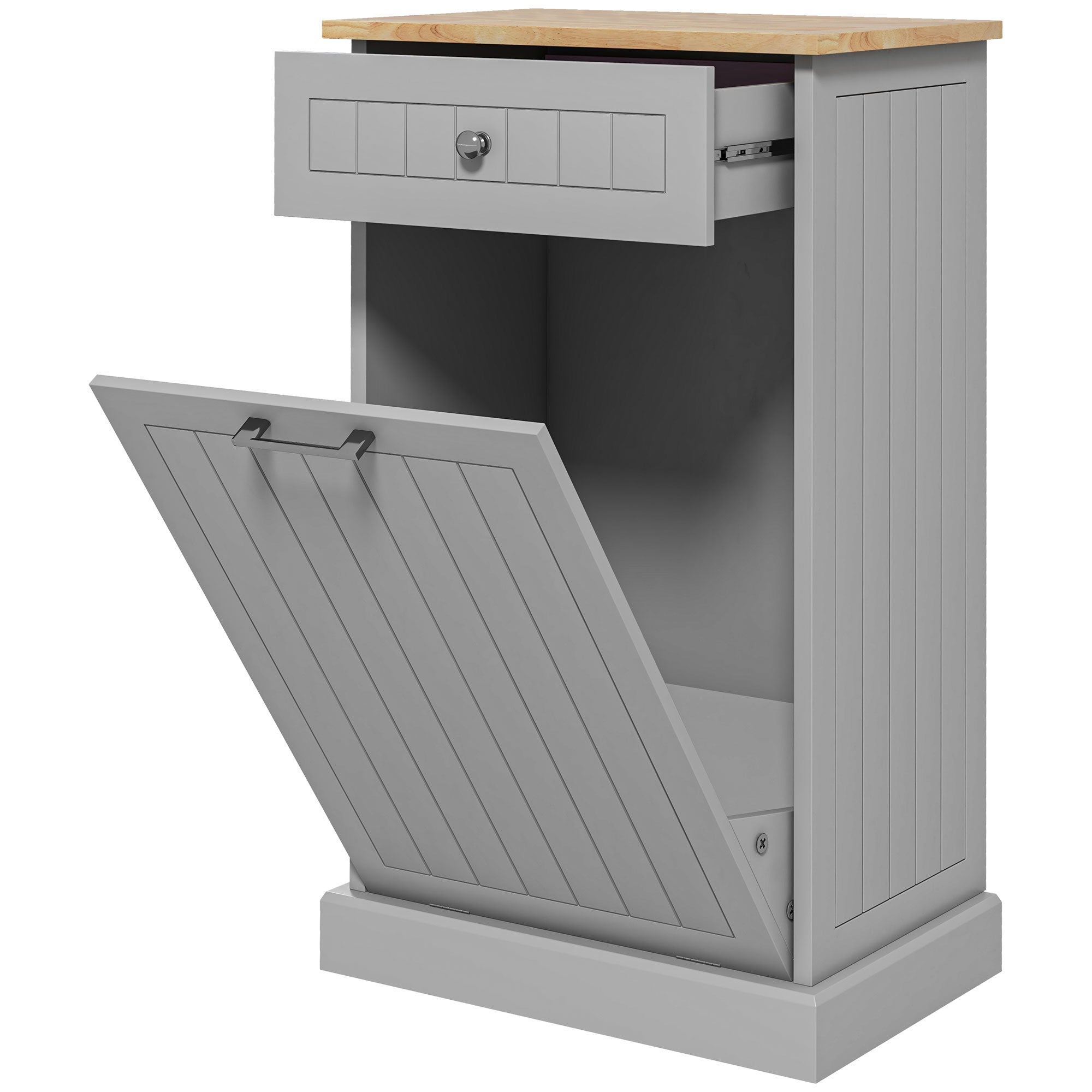 HOMCOM Tilt Out Trash Cabinet, Hidden Garbage Bin Cabinet with Drawer and Solid Wood Countertop, Free Standing Kitchen Trash Can Holder, Grey