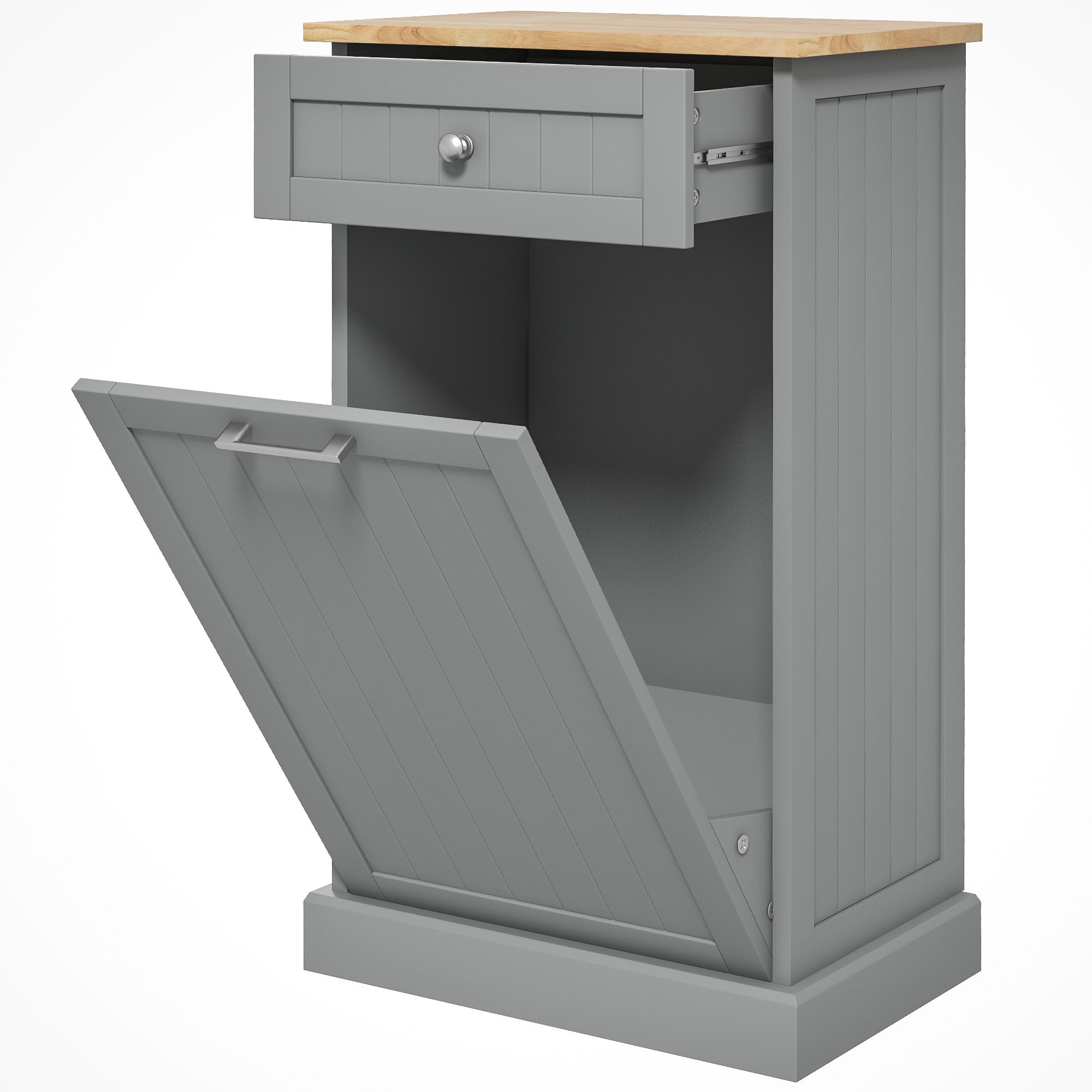 HOMCOM Tilt Out Trash Cabinet, Hidden Garbage Bin Cabinet with Drawer and Solid Wood Countertop, Free Standing Kitchen Trash Can Holder, Grey