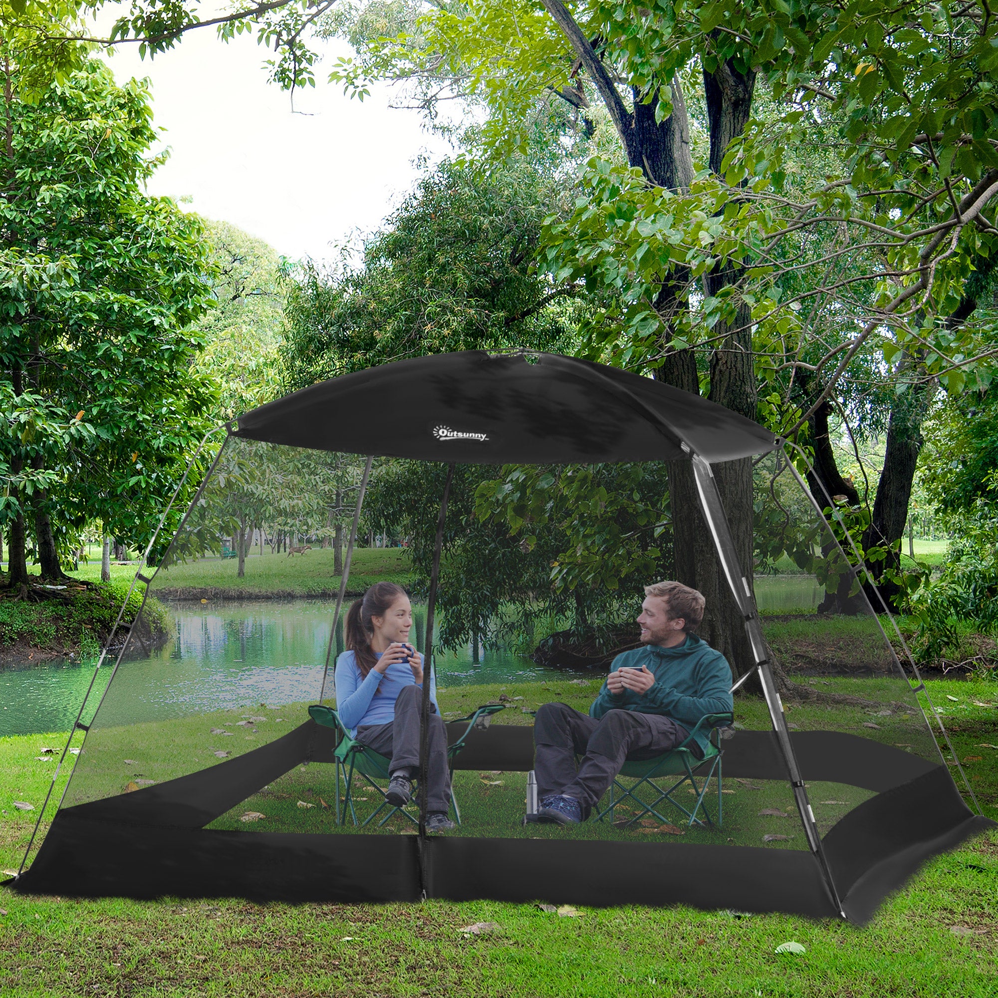 Outsunny 10 x 10 ft Screen Tent, Outdoor Screen House Camping Gazebo with Instant Setup, Canopy Tent with Portable Carry Bag  & Ground Stakes, Fits 4-6 People, Black