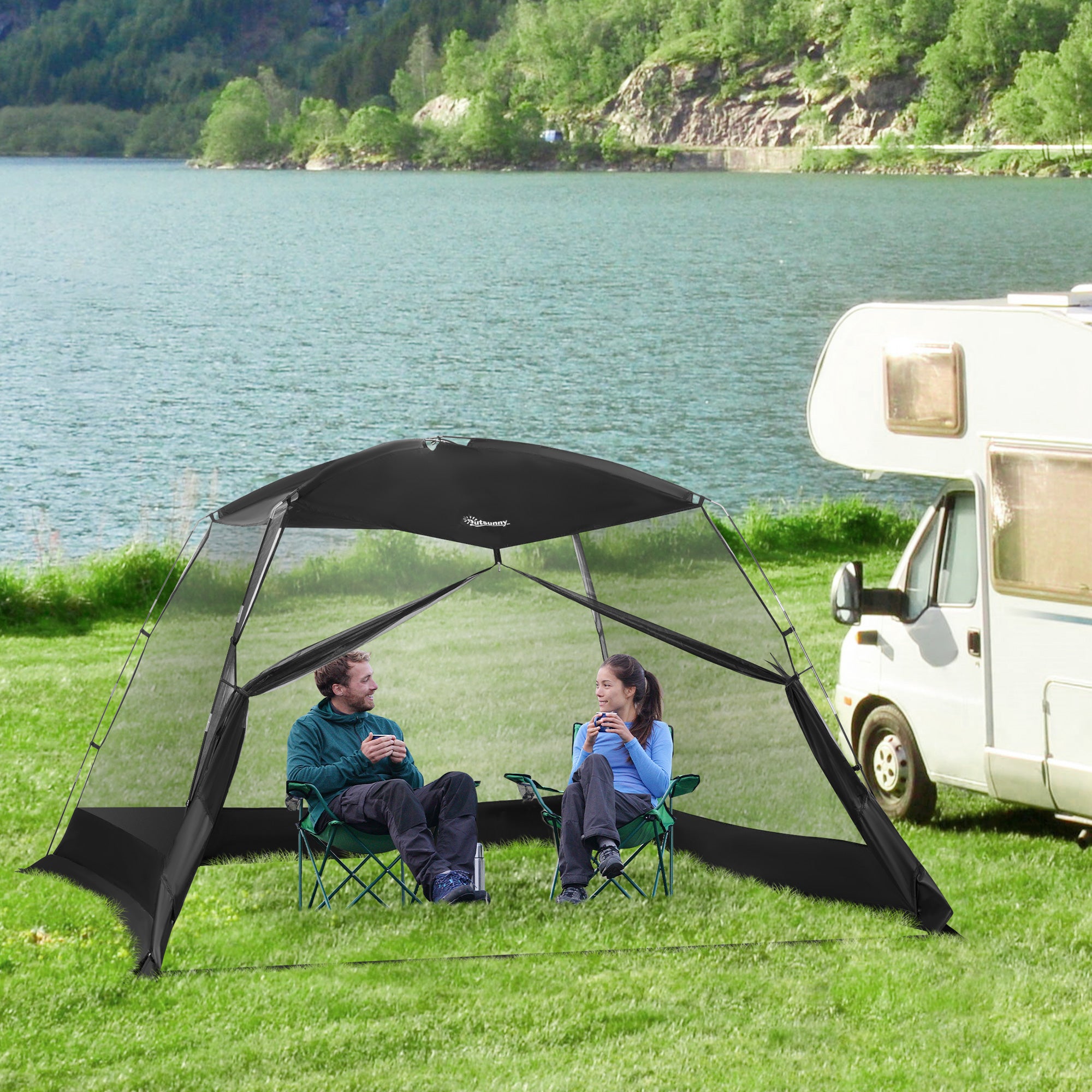 Outsunny 10 x 10 ft Screen Tent, Outdoor Screen House Camping Gazebo with Instant Setup, Canopy Tent with Portable Carry Bag  & Ground Stakes, Fits 4-6 People, Black