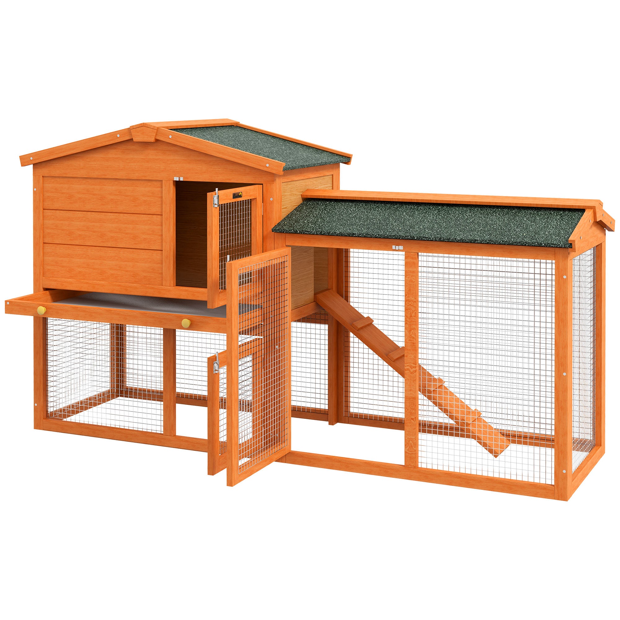 PawHut Rabbit Hutch Outdoor, 2 Tier Guinea Pig Cage with Run, Ramp, No-Leak Tray, Asphalt Roof, 150 x 45 x 85cm