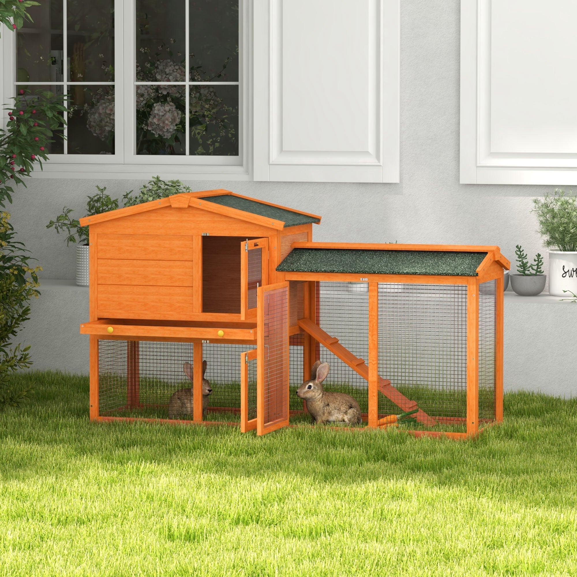 PawHut Rabbit Hutch Outdoor, 2 Tier Guinea Pig Cage with Run, Ramp, No-Leak Tray, Asphalt Roof, 150 x 45 x 85cm