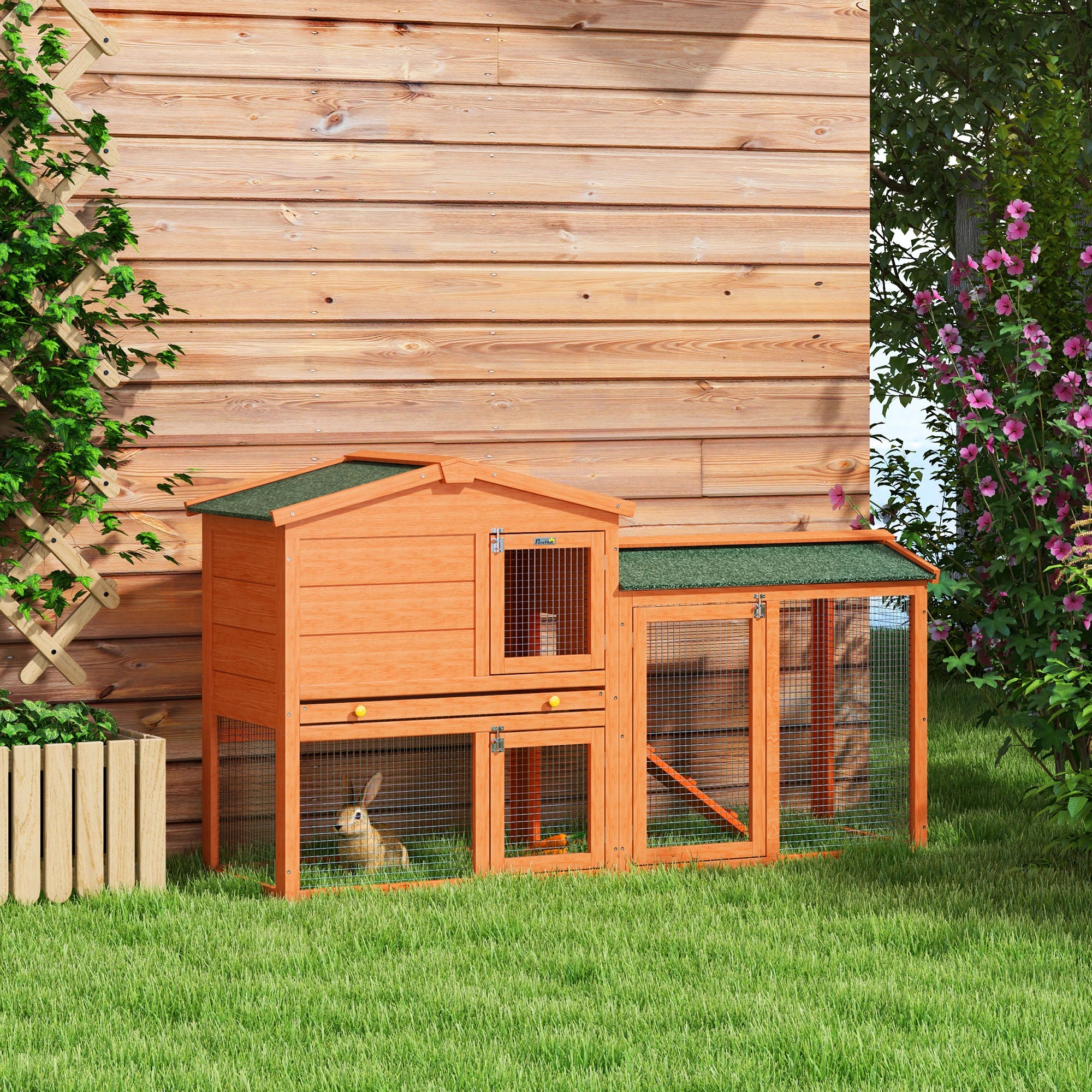 PawHut Rabbit Hutch Outdoor, 2 Tier Guinea Pig Cage with Run, Ramp, No-Leak Tray, Asphalt Roof, 150 x 45 x 85cm
