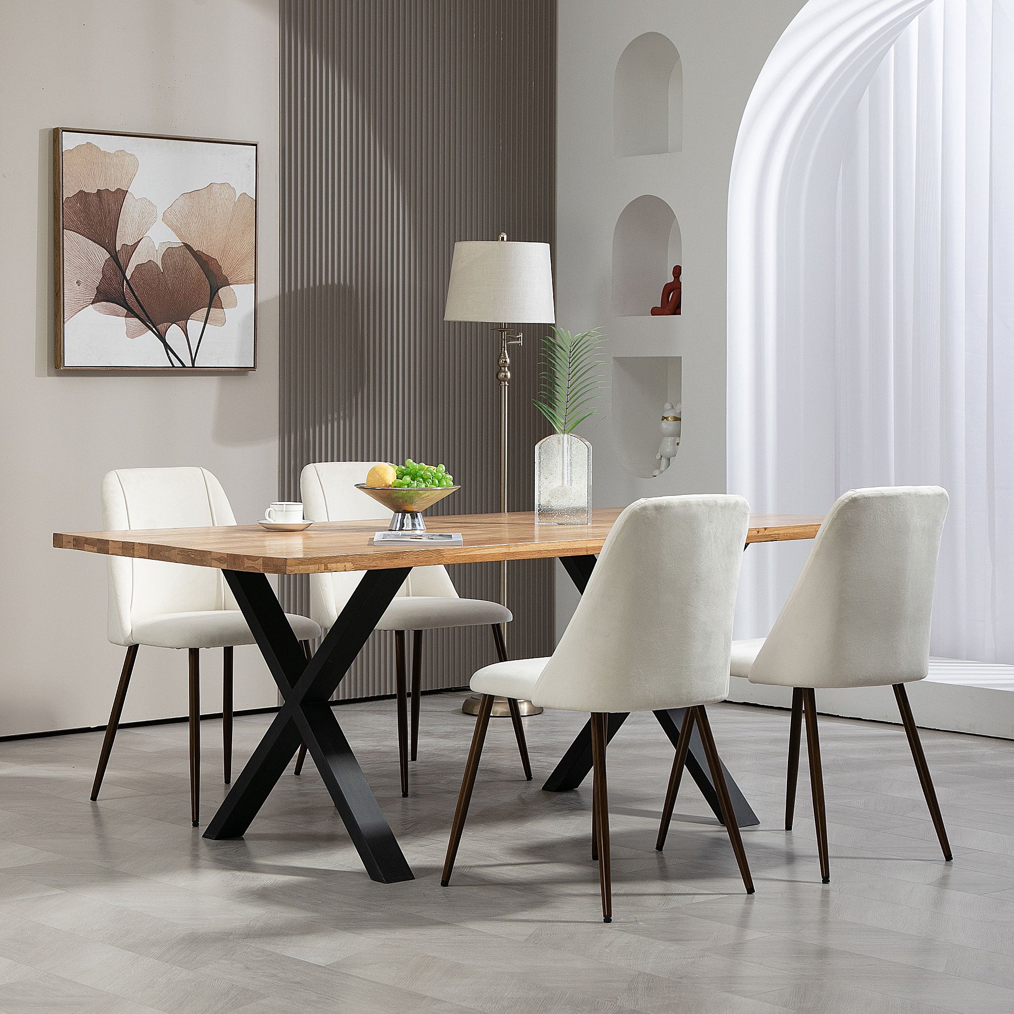 HOMCOM Dining Chairs Set of 4, Modern Kitchen Chairs with Velvet-touch Upholstery, Curved Back and Wood-grain Steel Legs, Accent Chairs for Living Room, Bedroom, Cream White