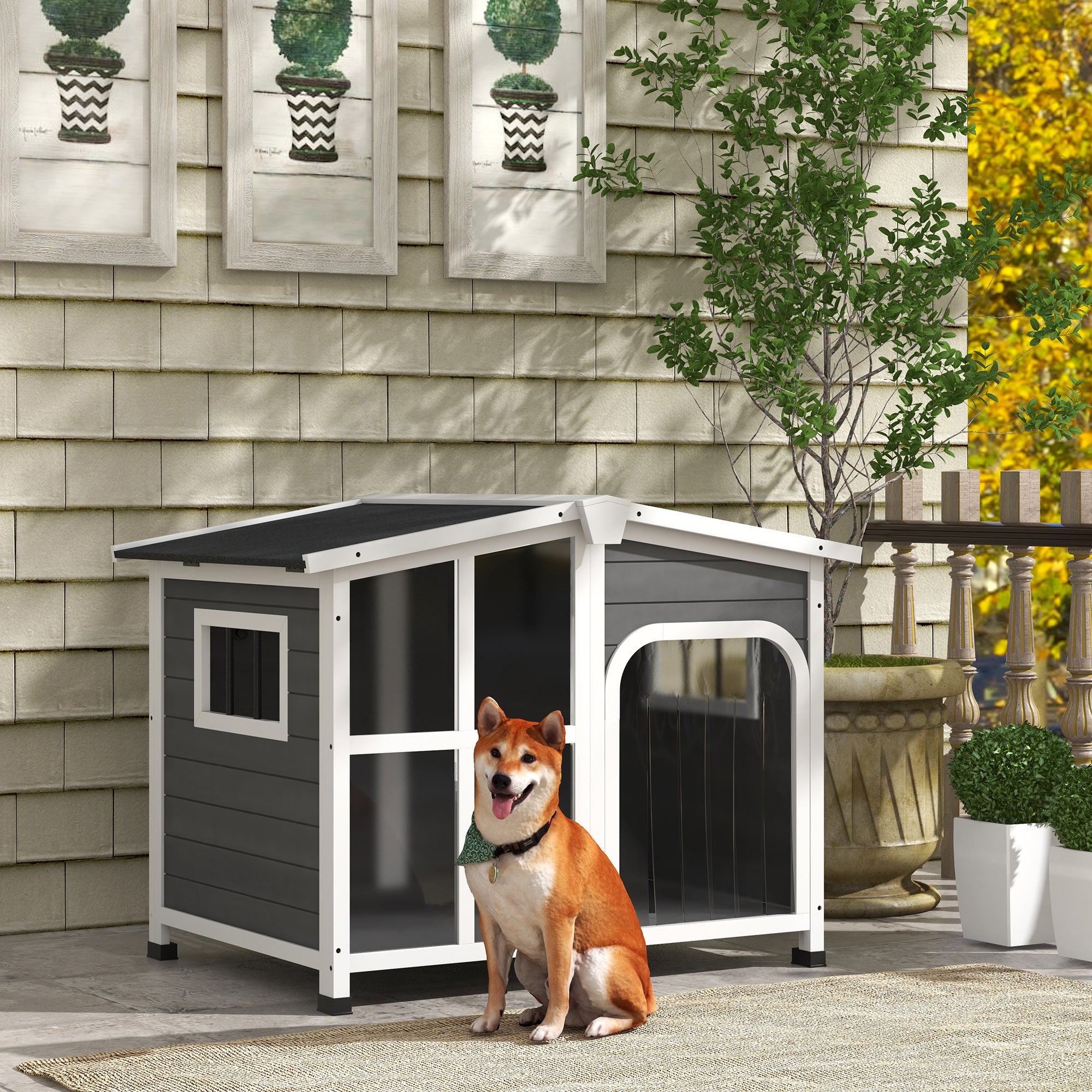 PawHut Wooden Dog House Outdoor with Removable Bottom, Cabin Style Raised Pet Kennel, with Openable Asphalt Roof, Door Curtain, Side Windows for Large Sized Dog, 88 Lbs., Dark Gray