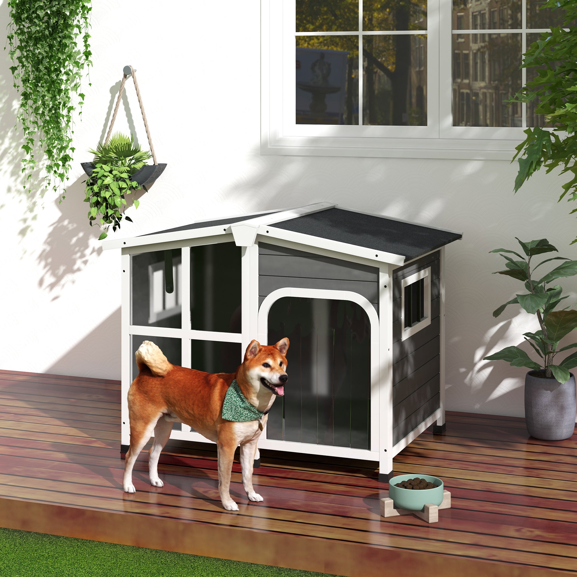 PawHut Wooden Dog House Outdoor with Removable Bottom, Cabin Style Raised Pet Kennel, with Openable Asphalt Roof, Door Curtain, Side Windows for Large Sized Dog, 88 Lbs., Dark Gray