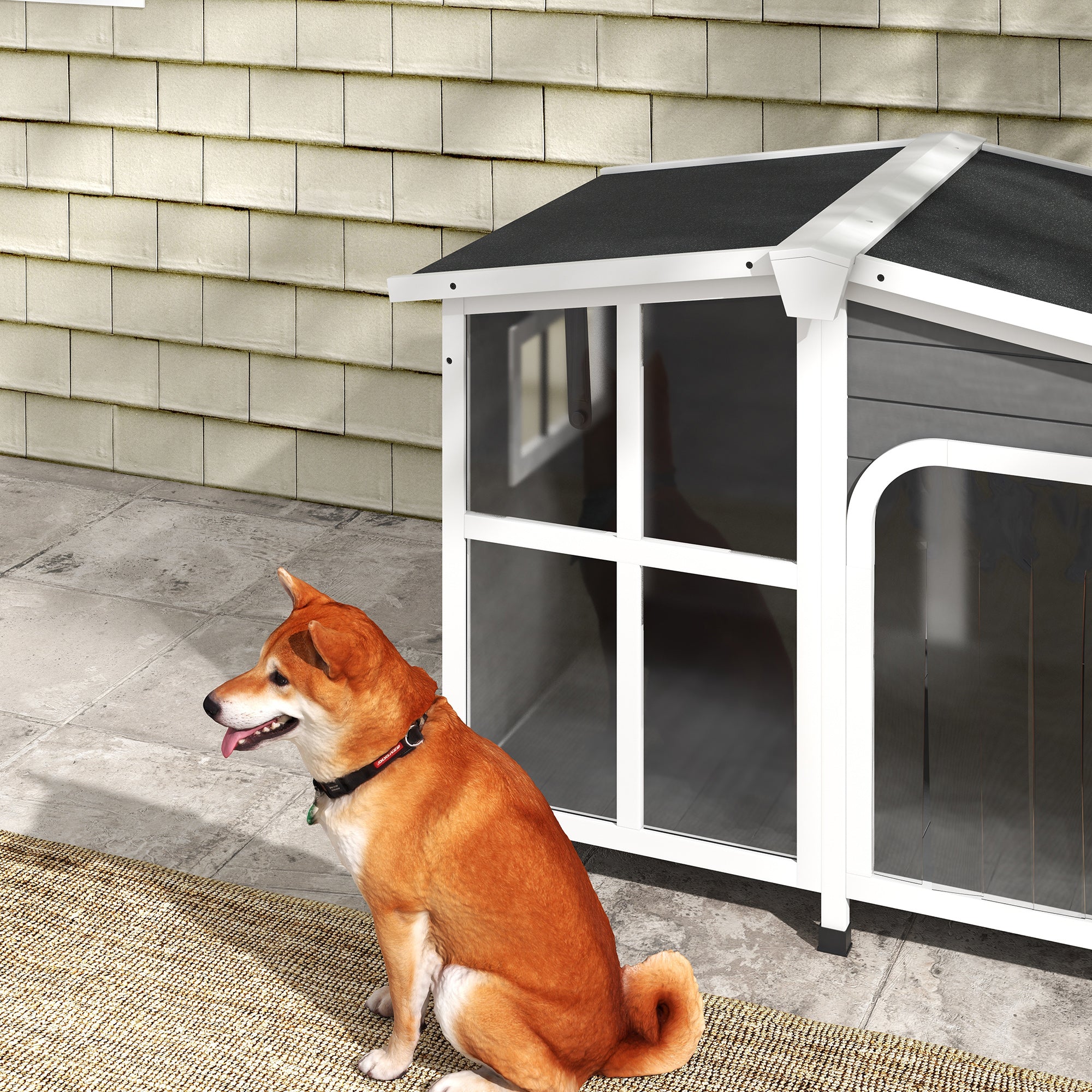 PawHut Wooden Dog House Outdoor with Removable Bottom, Cabin Style Raised Pet Kennel, with Openable Asphalt Roof, Door Curtain, Side Windows for Large Sized Dog, 88 Lbs., Dark Gray
