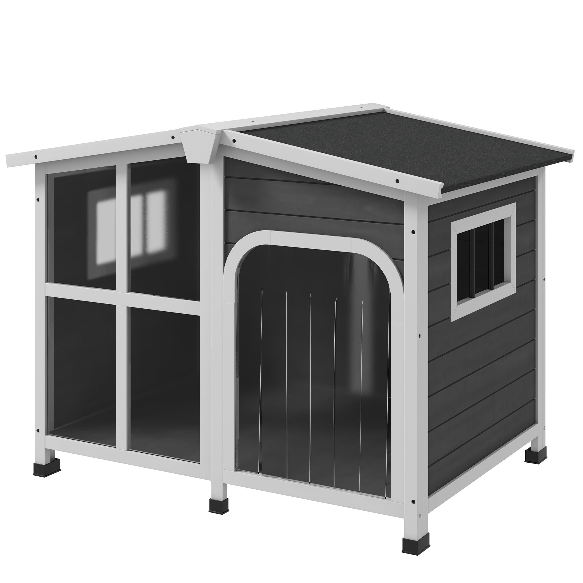 PawHut Wooden Dog House Outdoor with Removable Bottom, Cabin Style Raised Pet Kennel, with Openable Asphalt Roof, Door Curtain, Side Windows for Large Sized Dog, 88 Lbs., Dark Gray