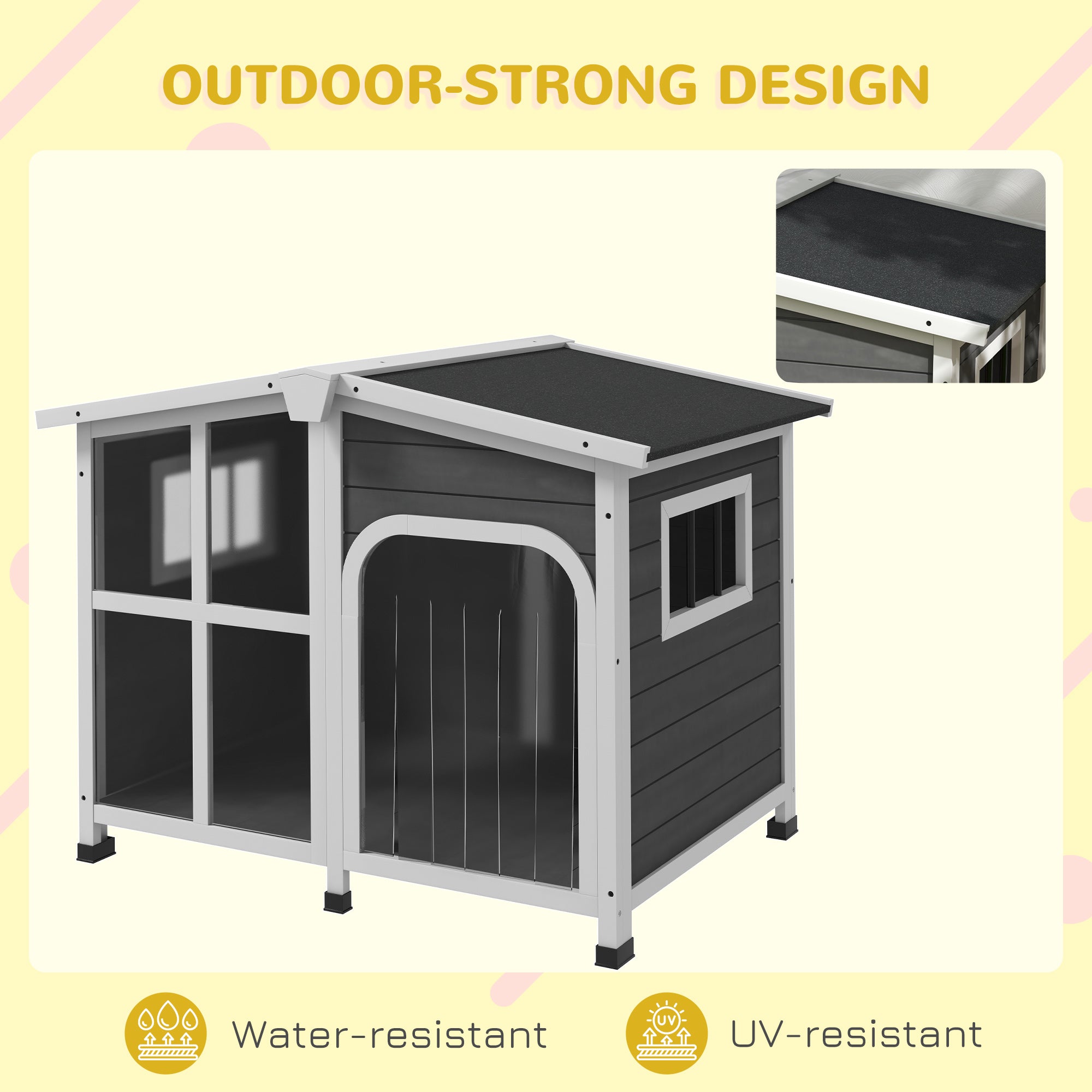 PawHut Wooden Dog House Outdoor with Removable Bottom, Cabin Style Raised Pet Kennel, with Openable Asphalt Roof, Door Curtain, Side Windows for Large Sized Dog, 88 Lbs., Dark Gray