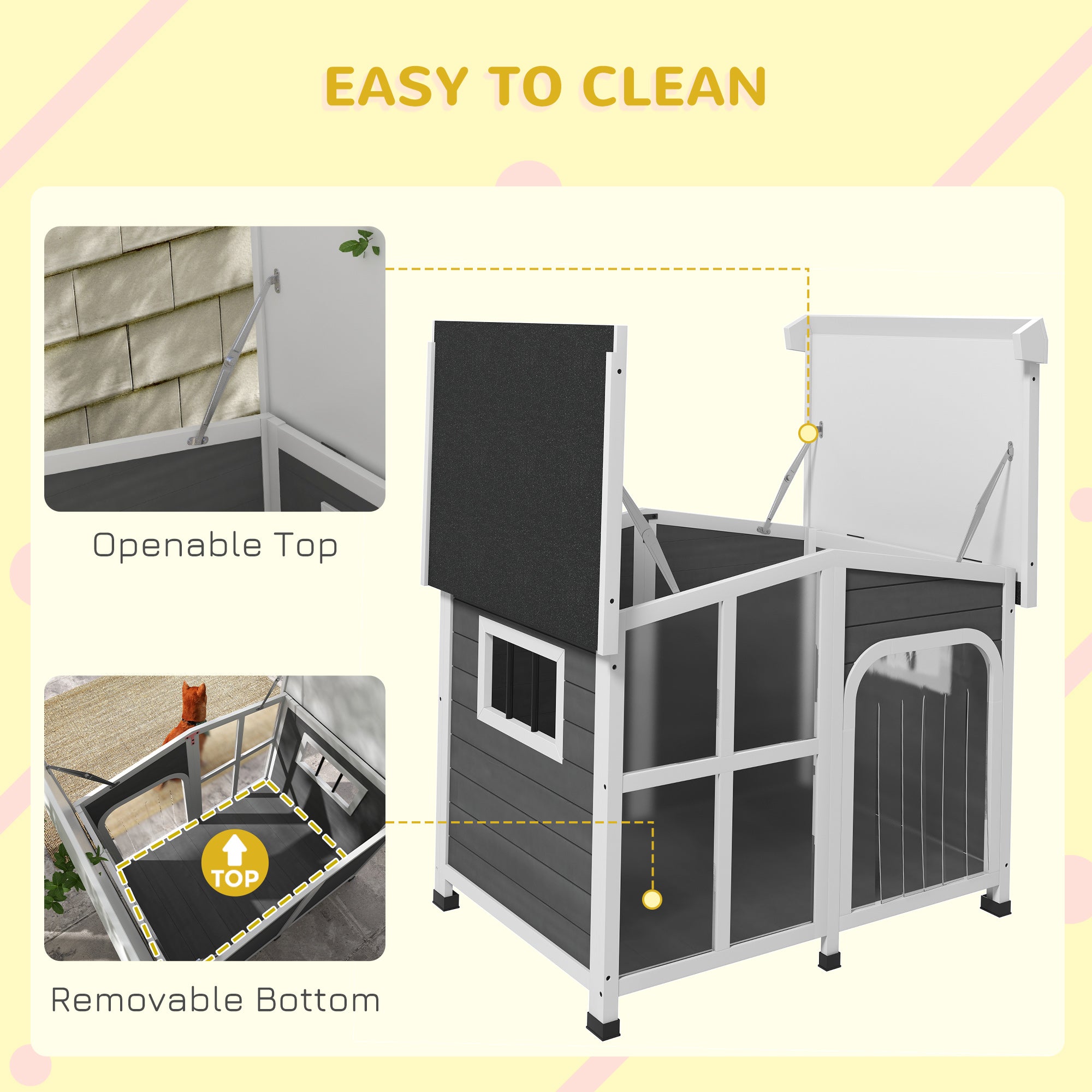 PawHut Wooden Dog House Outdoor with Removable Bottom, Cabin Style Raised Pet Kennel, with Openable Asphalt Roof, Door Curtain, Side Windows for Large Sized Dog, 88 Lbs., Dark Gray
